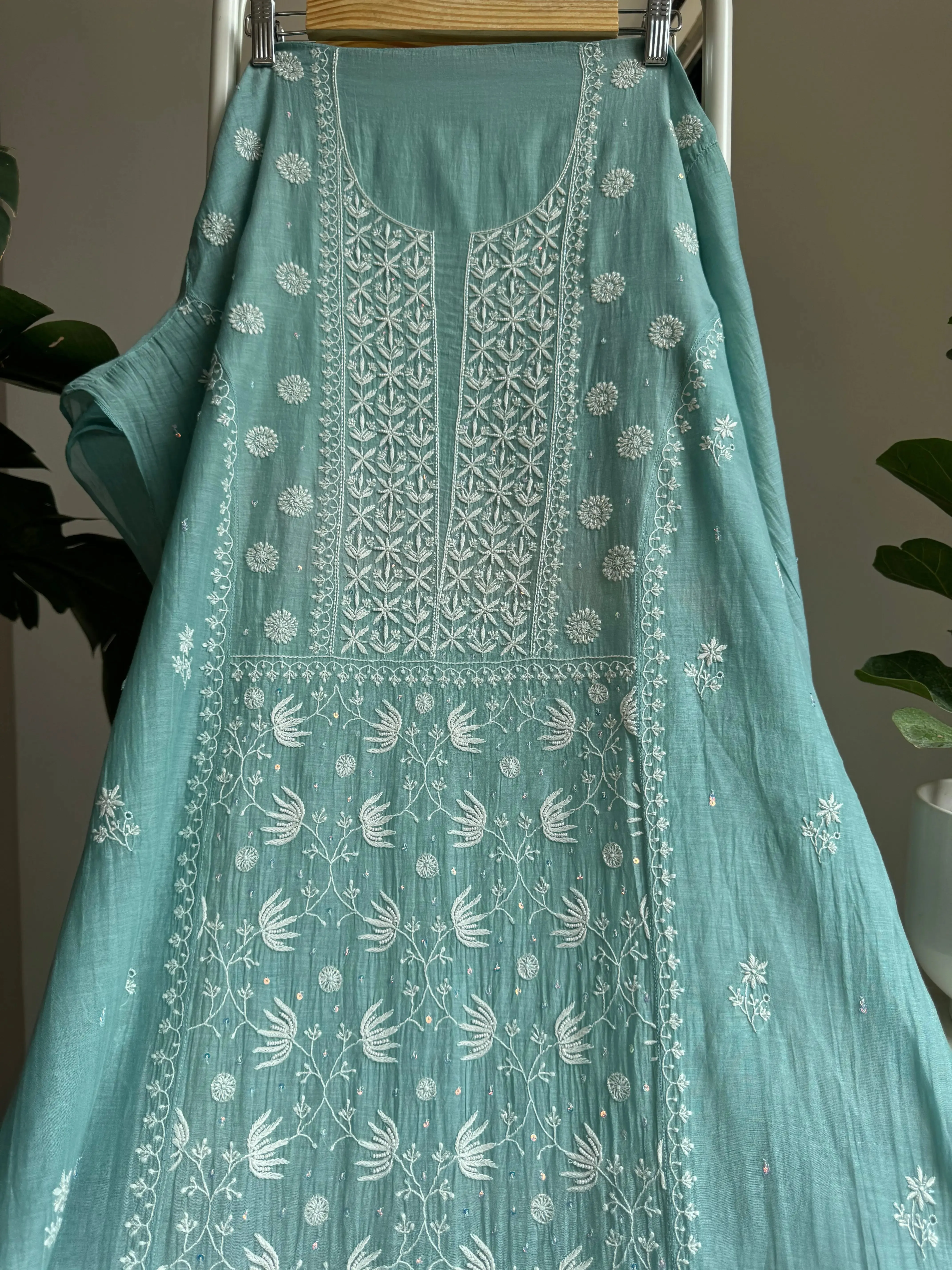 Mul Chanderi Straight Chikankari Tunic - Tiffany Blue