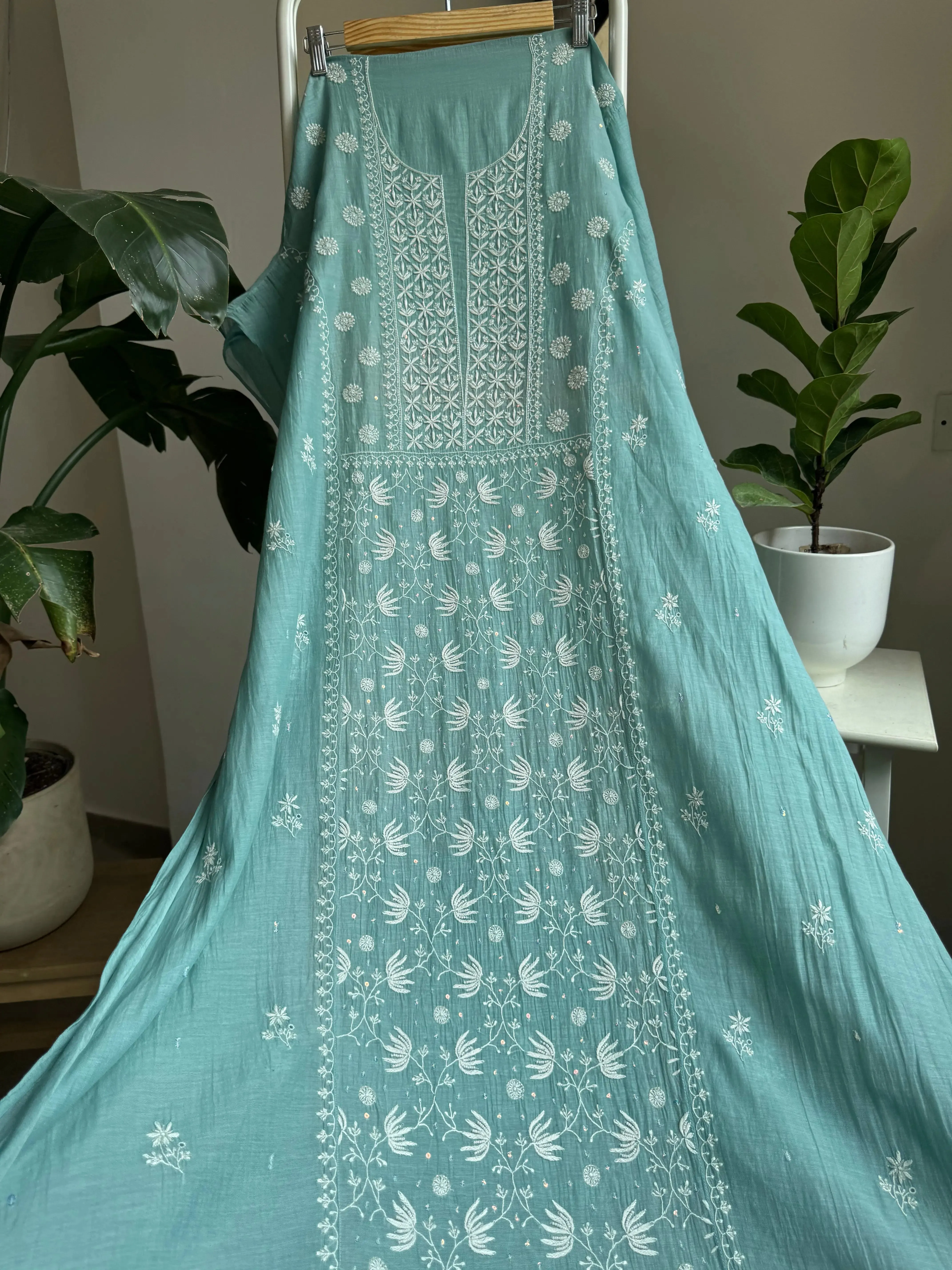 Mul Chanderi Straight Chikankari Tunic - Tiffany Blue