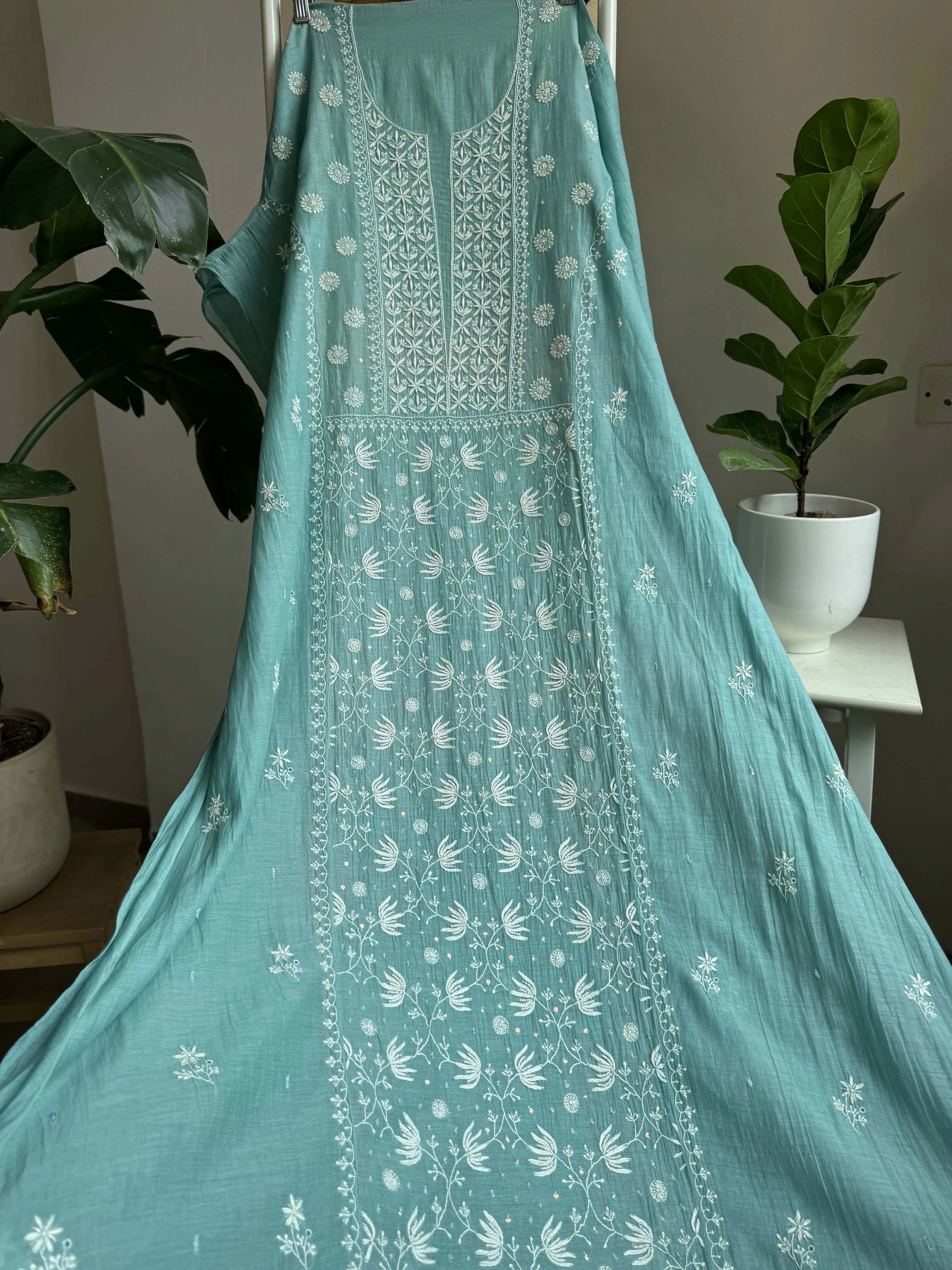 Mul Chanderi Straight Chikankari Tunic - Tiffany Blue