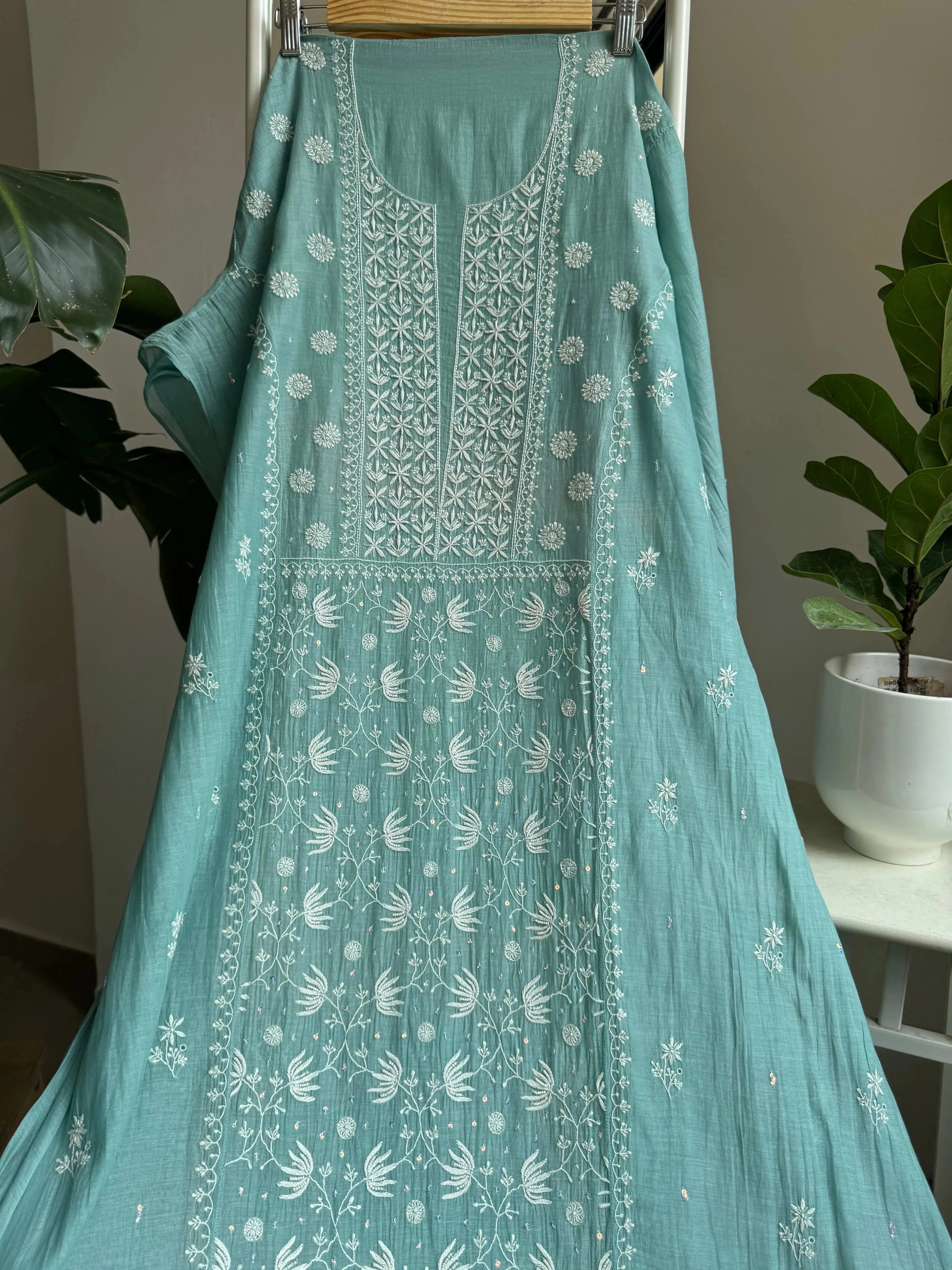 Mul Chanderi Straight Chikankari Tunic - Tiffany Blue