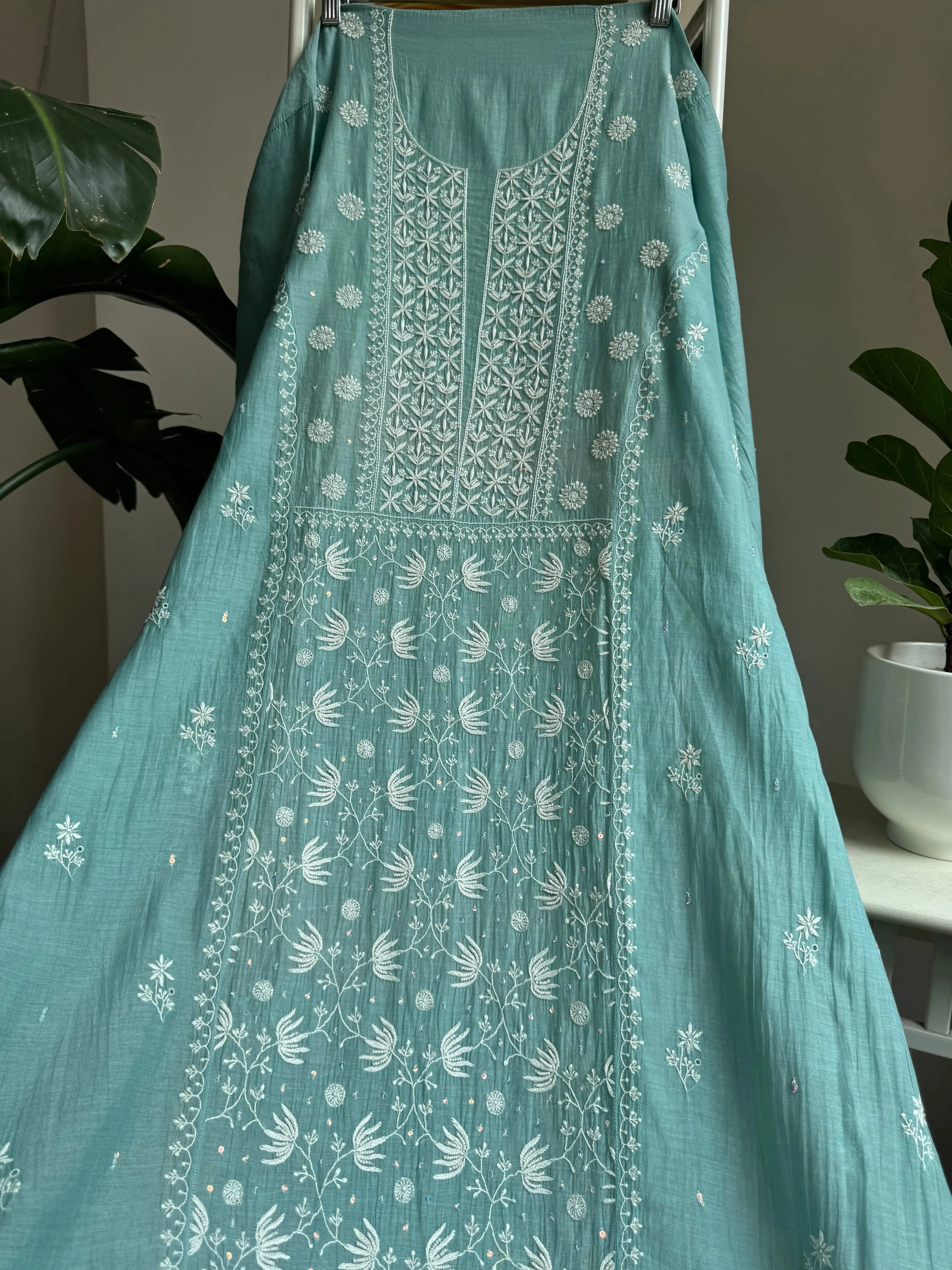 Mul Chanderi Straight Chikankari Tunic - Tiffany Blue