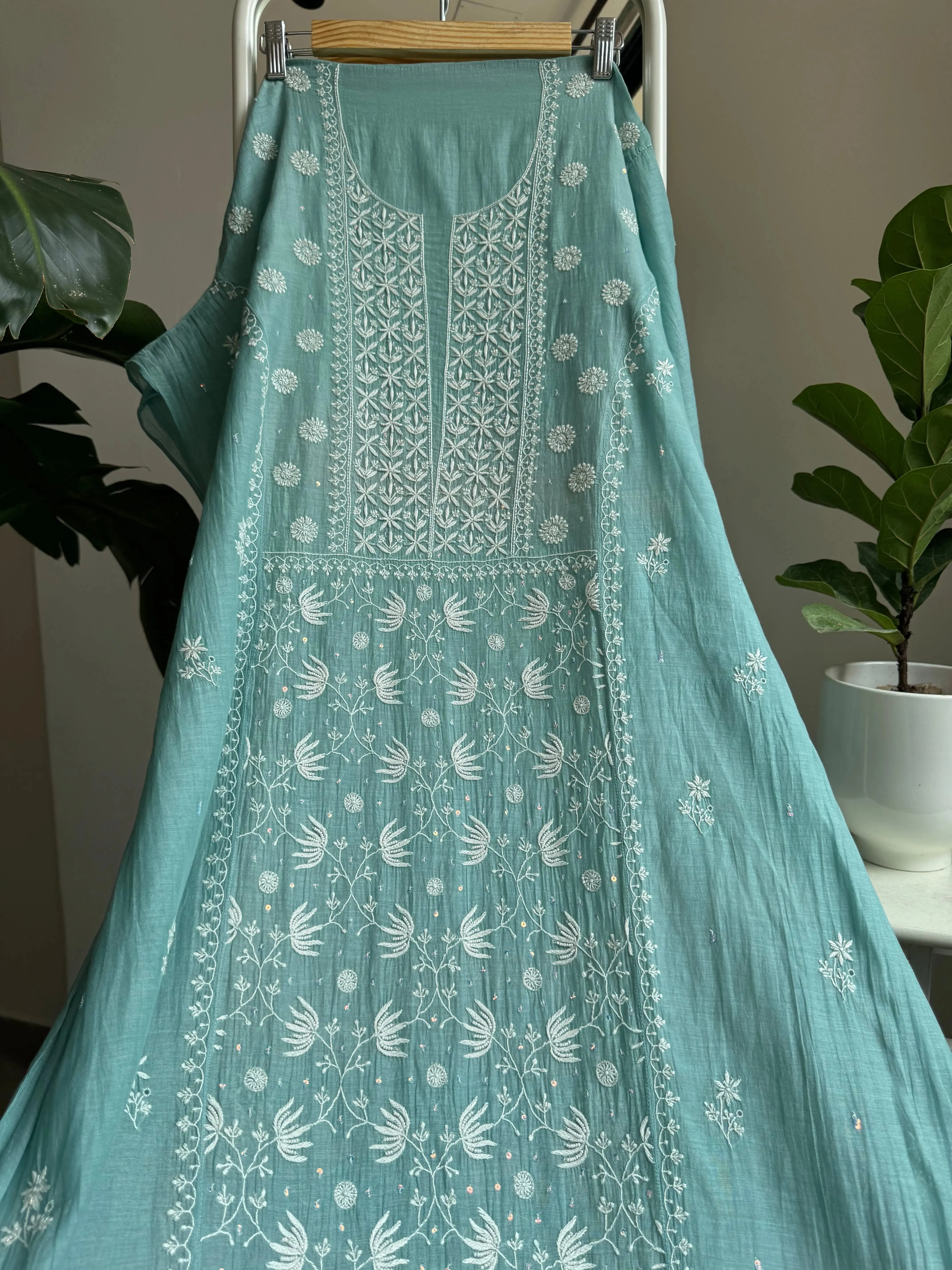 Mul Chanderi Straight Chikankari Tunic - Tiffany Blue