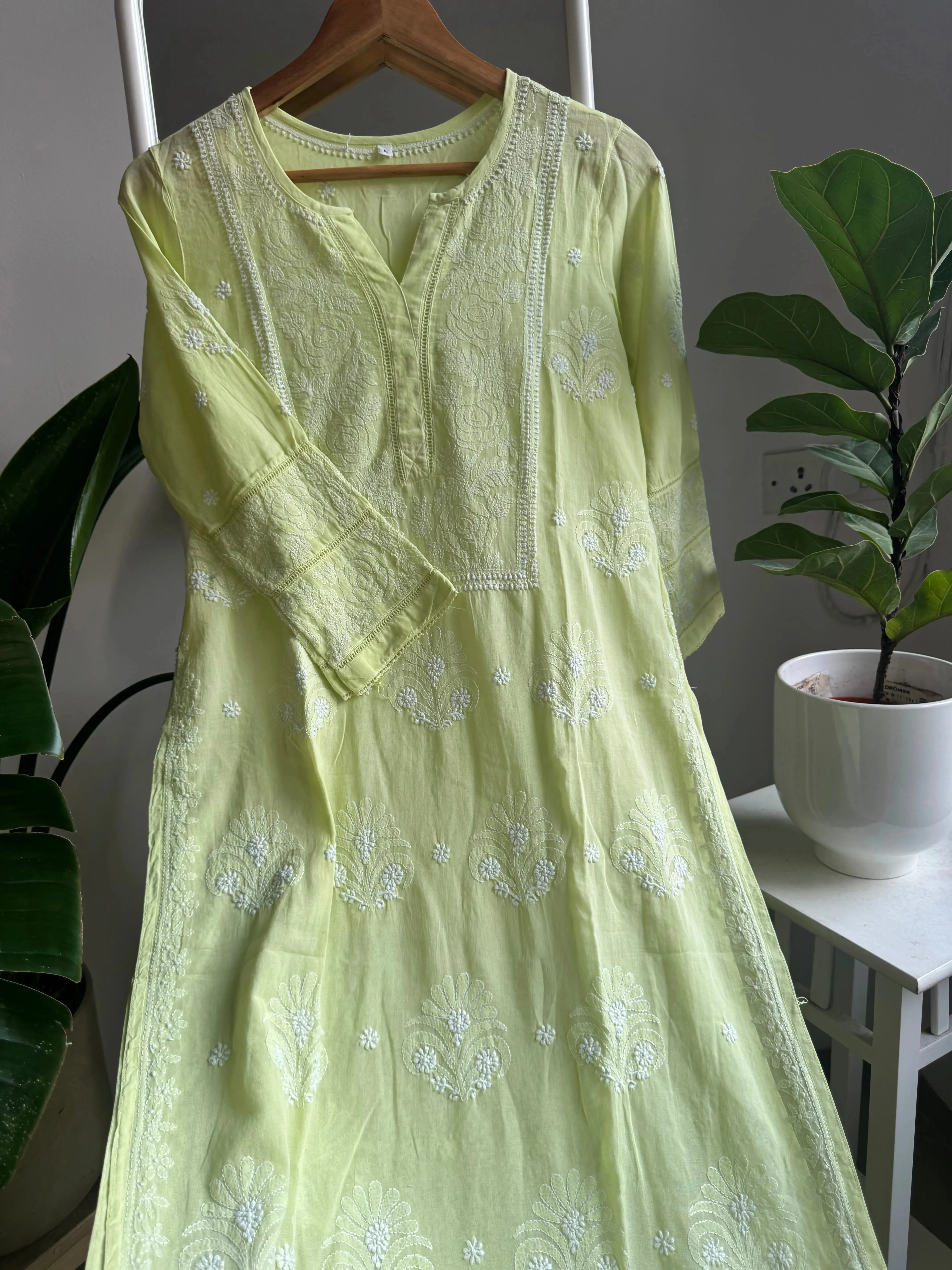 Mul Cotton Chikankari Kurti - Lemon Green