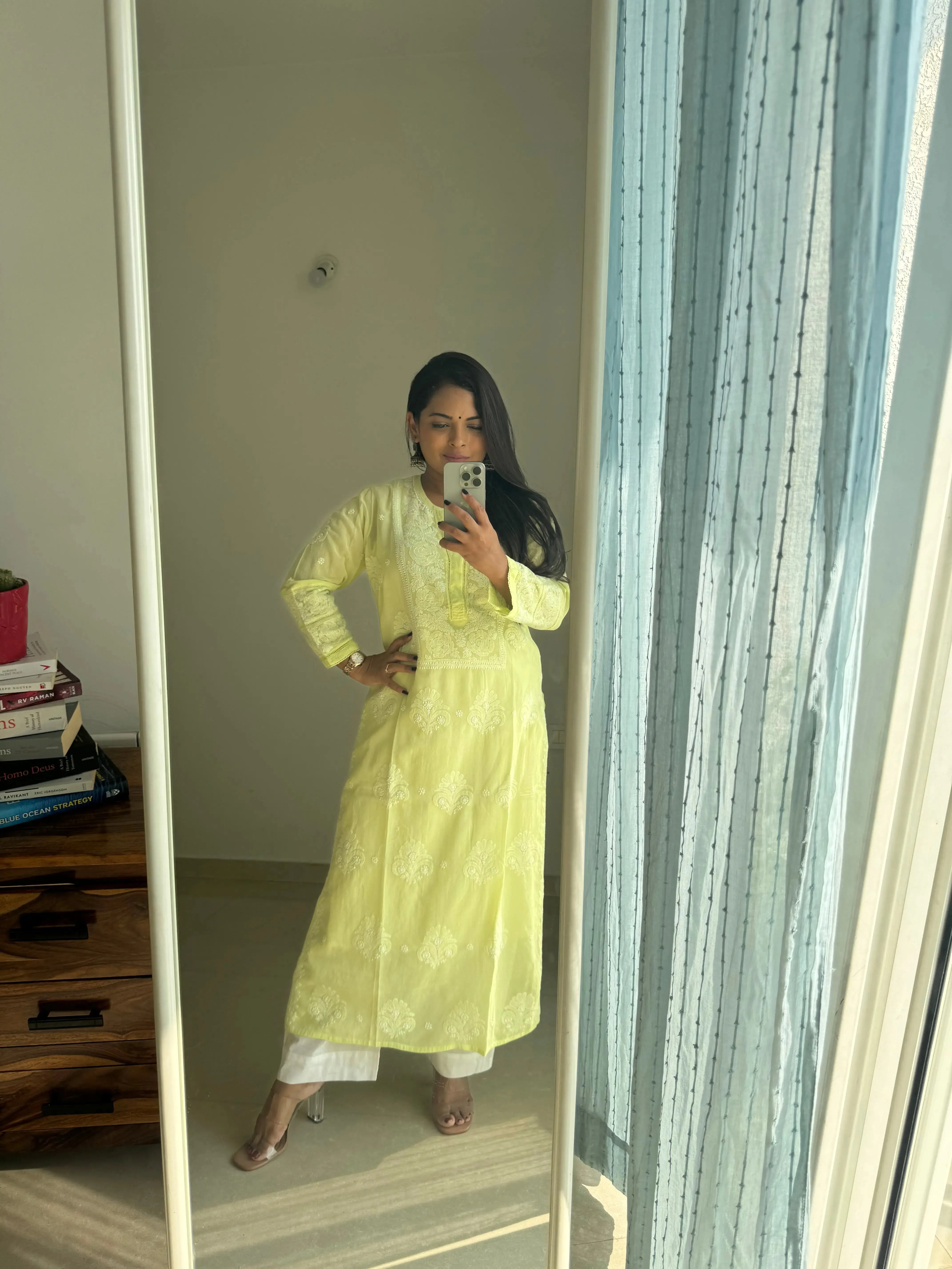 Mul Cotton Chikankari Kurti - Lemon Green