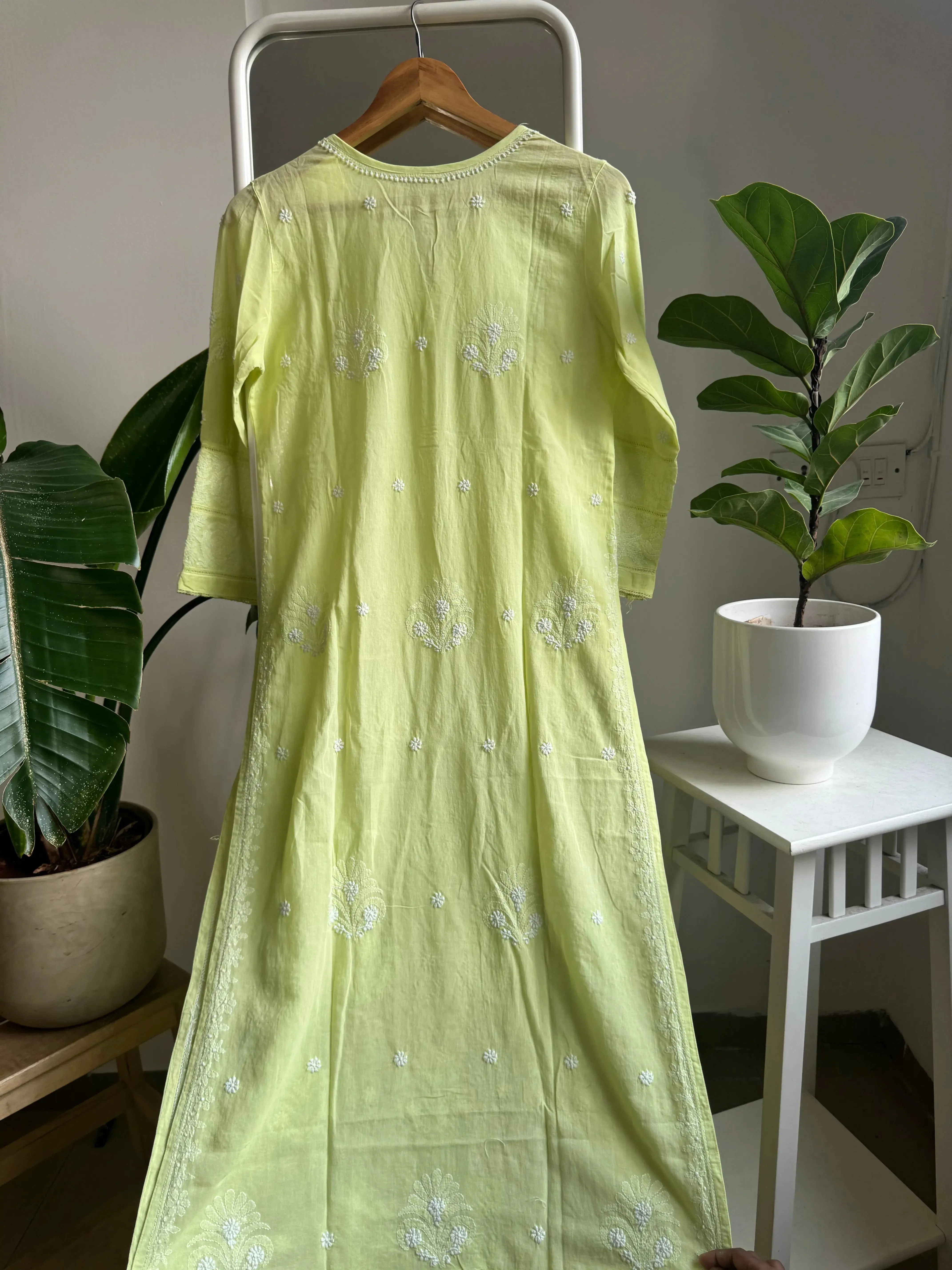 Mul Cotton Chikankari Kurti - Lemon Green