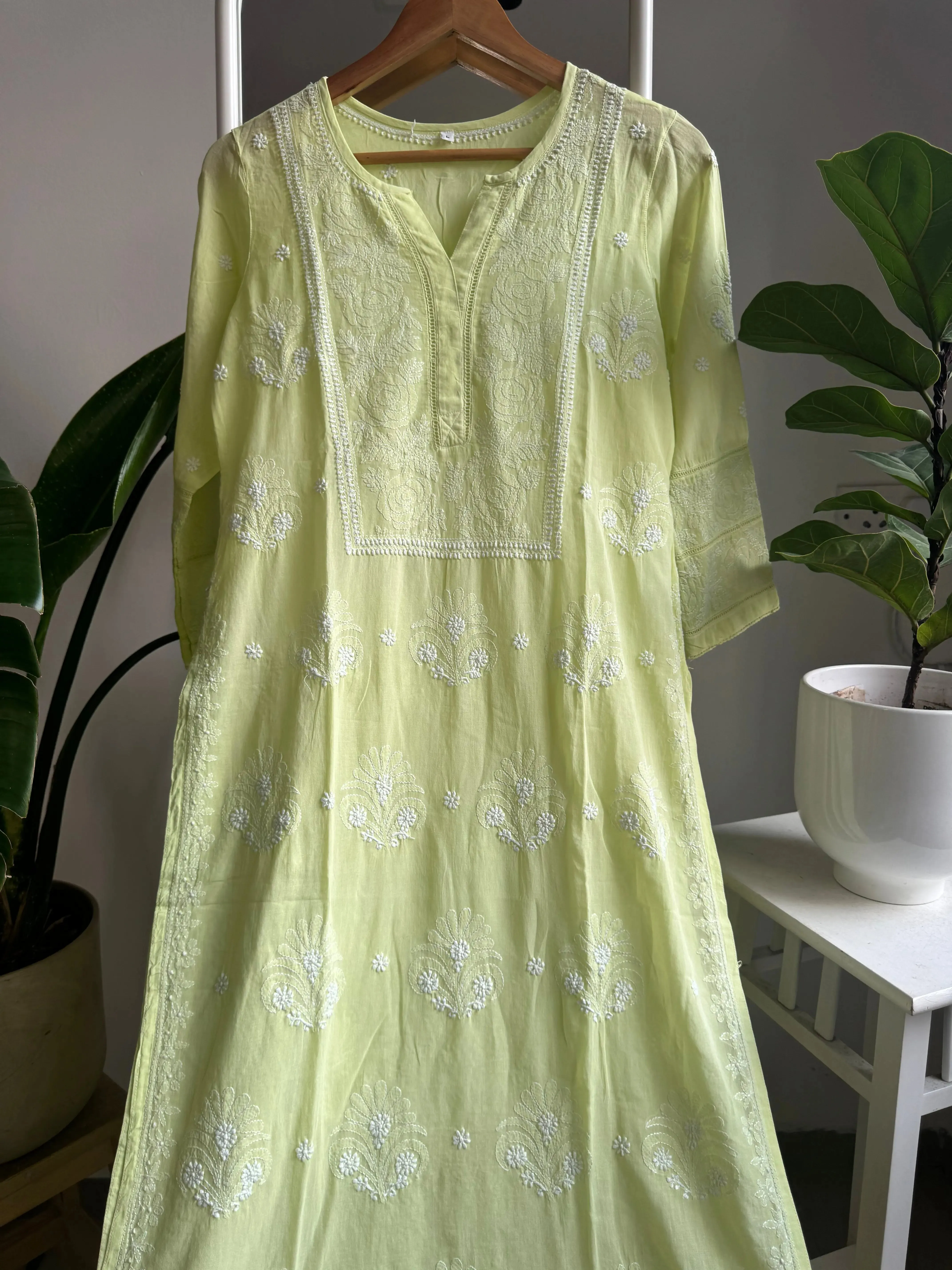 Mul Cotton Chikankari Kurti - Lemon Green