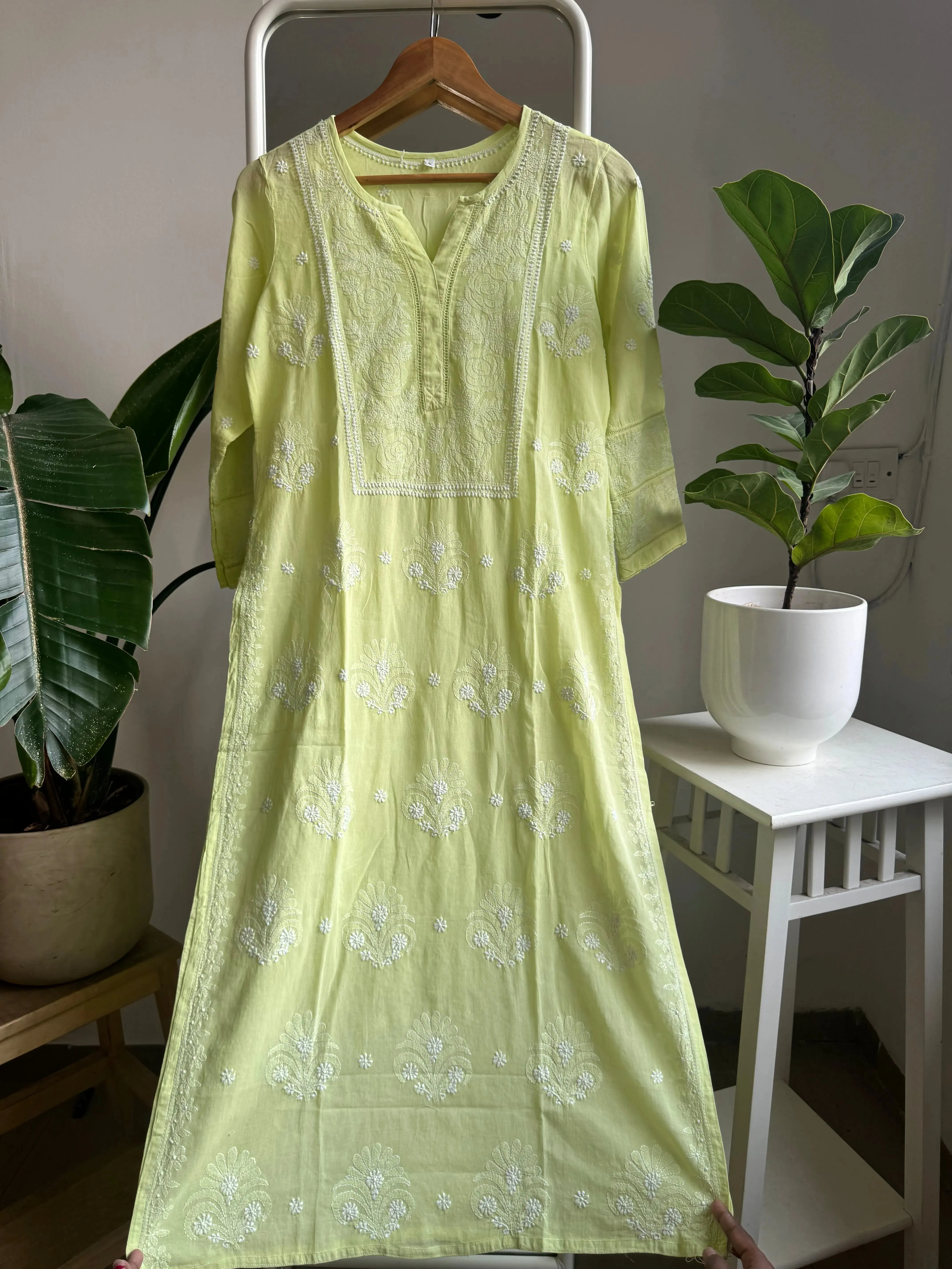 Mul Cotton Chikankari Kurti - Lemon Green