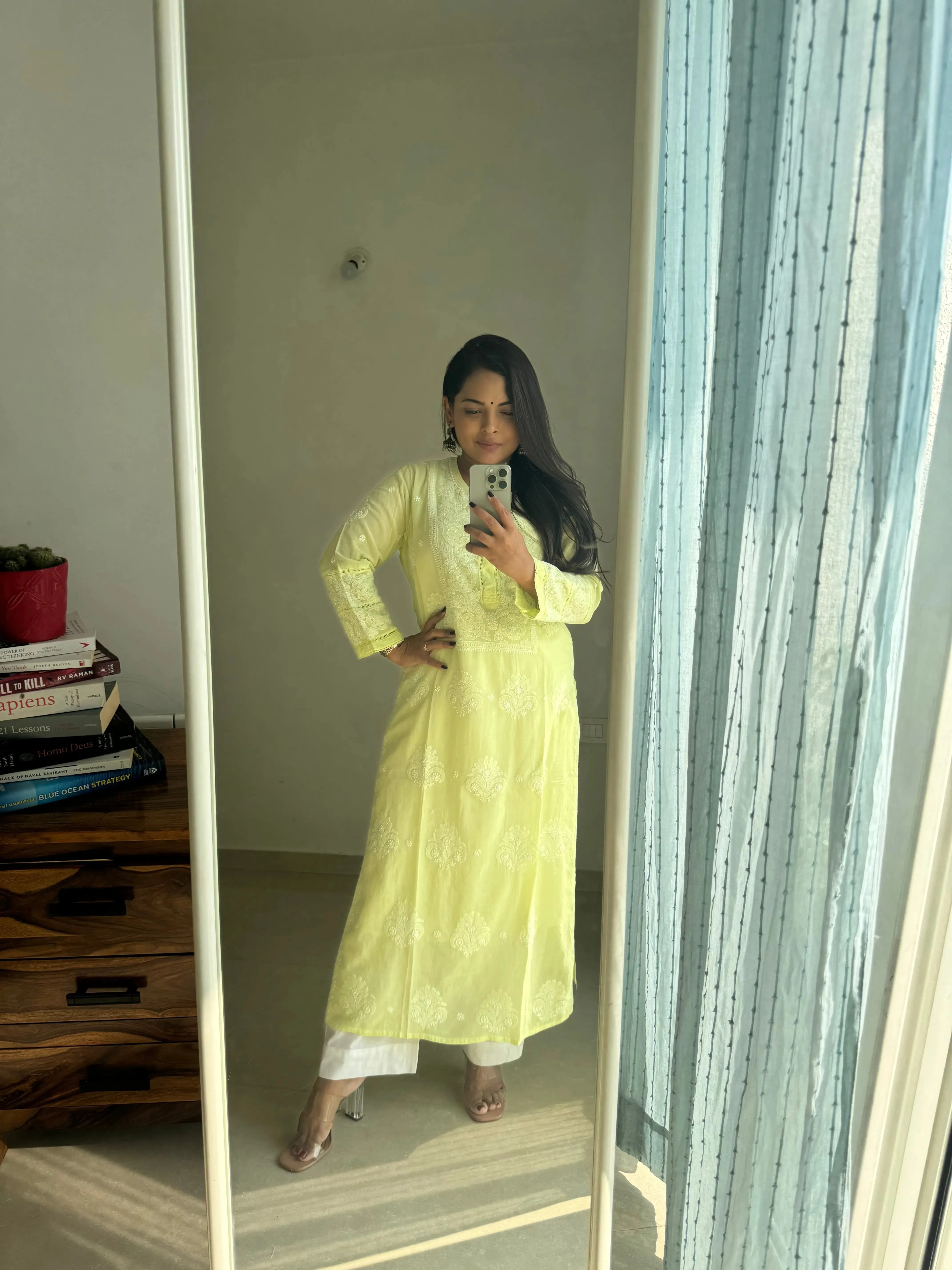 Mul Cotton Chikankari Kurti - Lemon Green