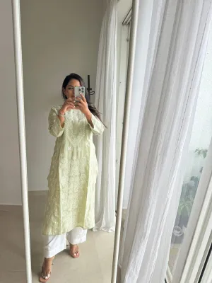 Mul Cotton Chikankari Kurti - Sage Green