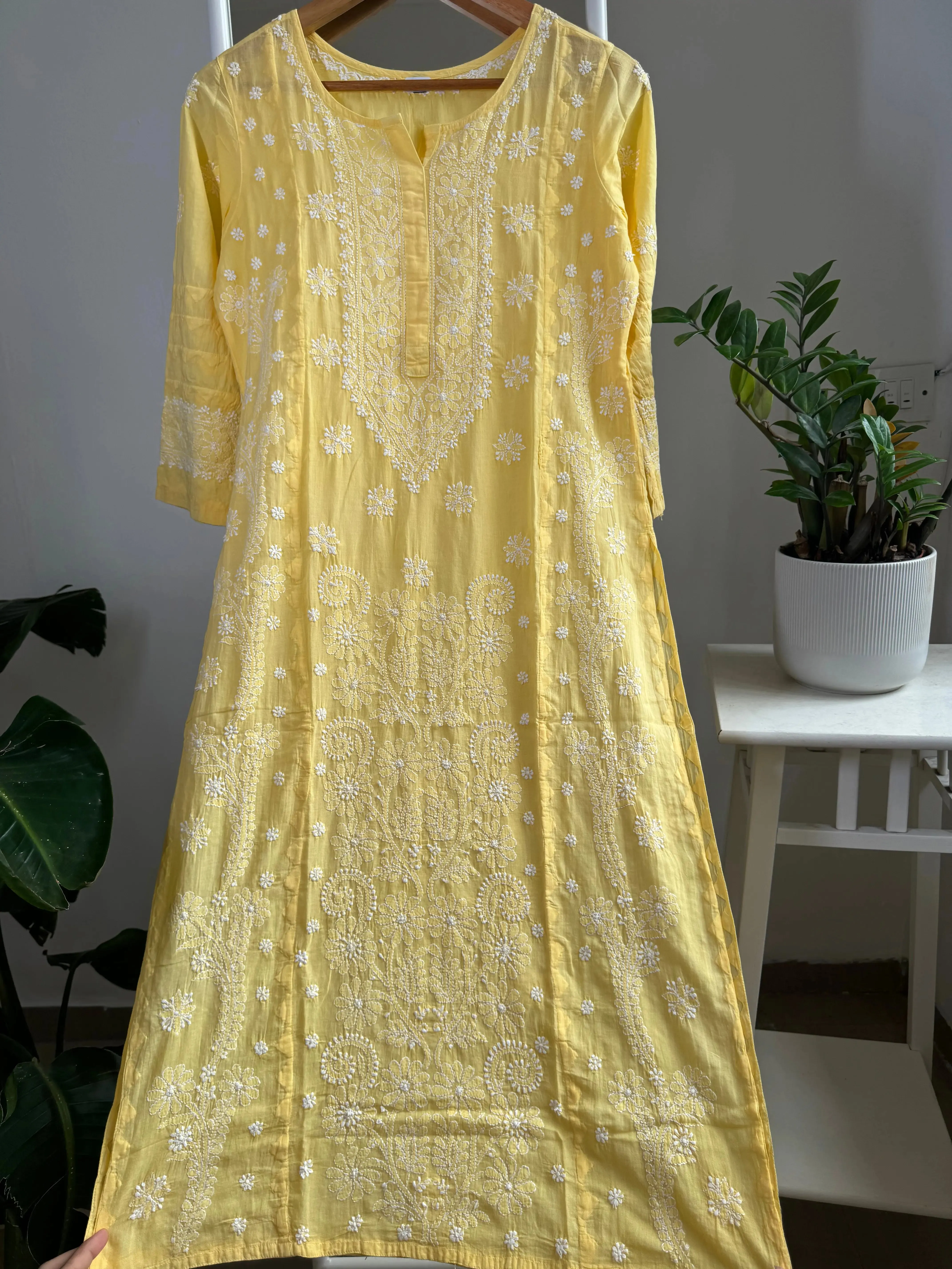 Mul Cotton Chikankari Kurti - Yellow