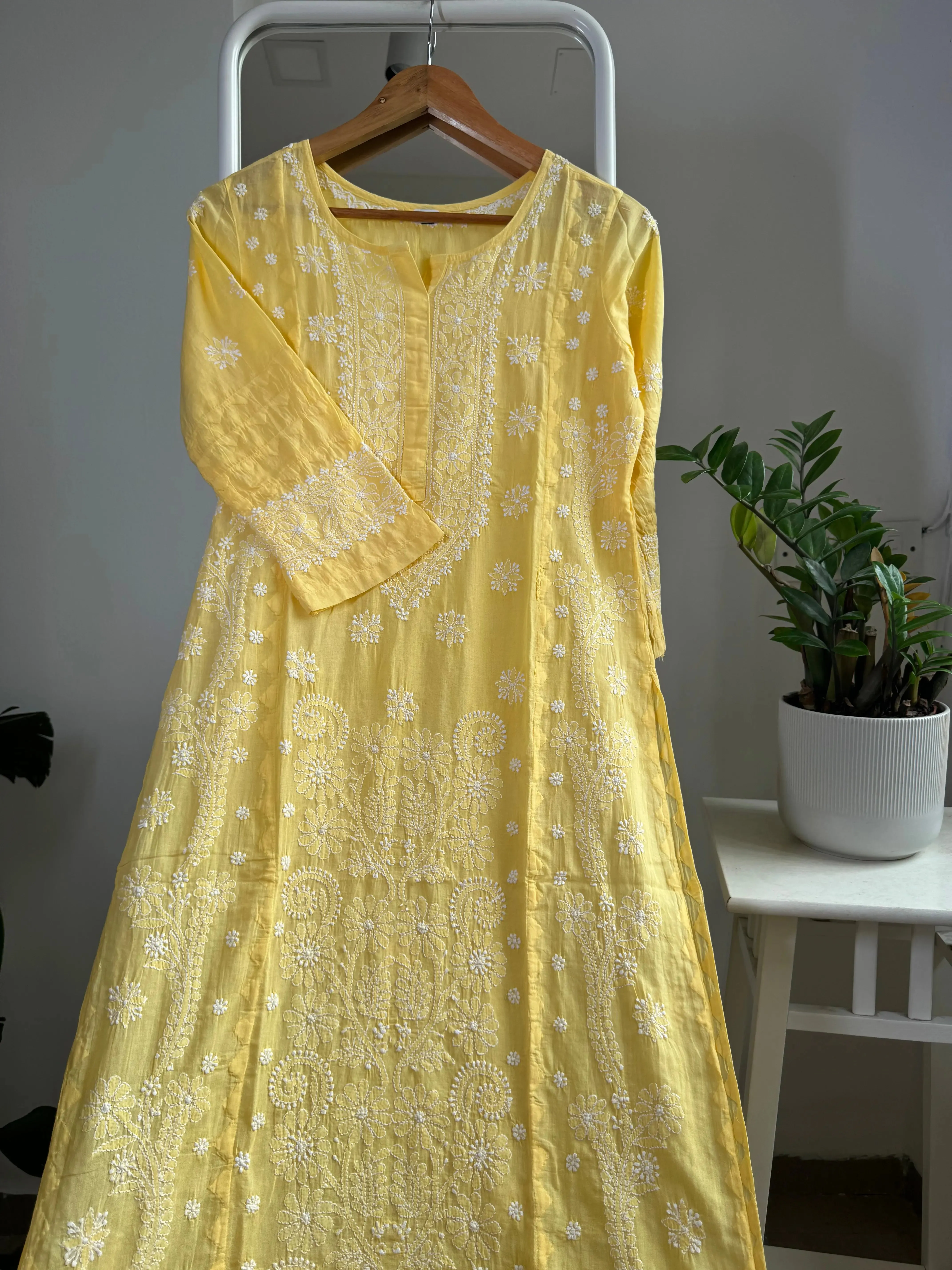 Mul Cotton Chikankari Kurti - Yellow