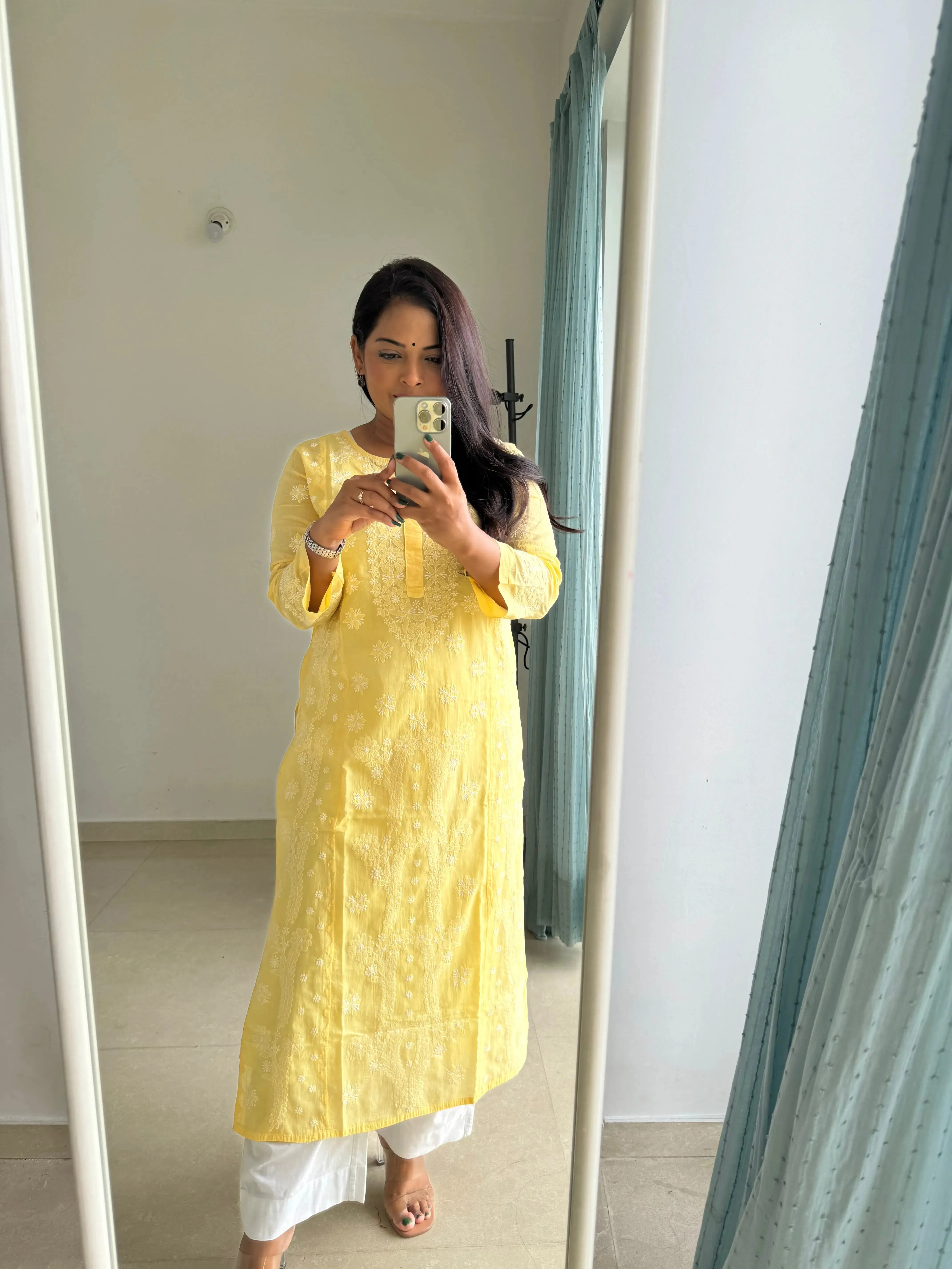 Mul Cotton Chikankari Kurti - Yellow