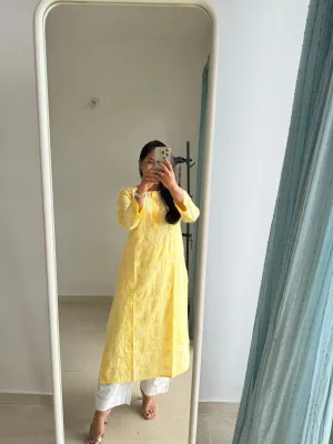 Mul Cotton Chikankari Kurti - Yellow