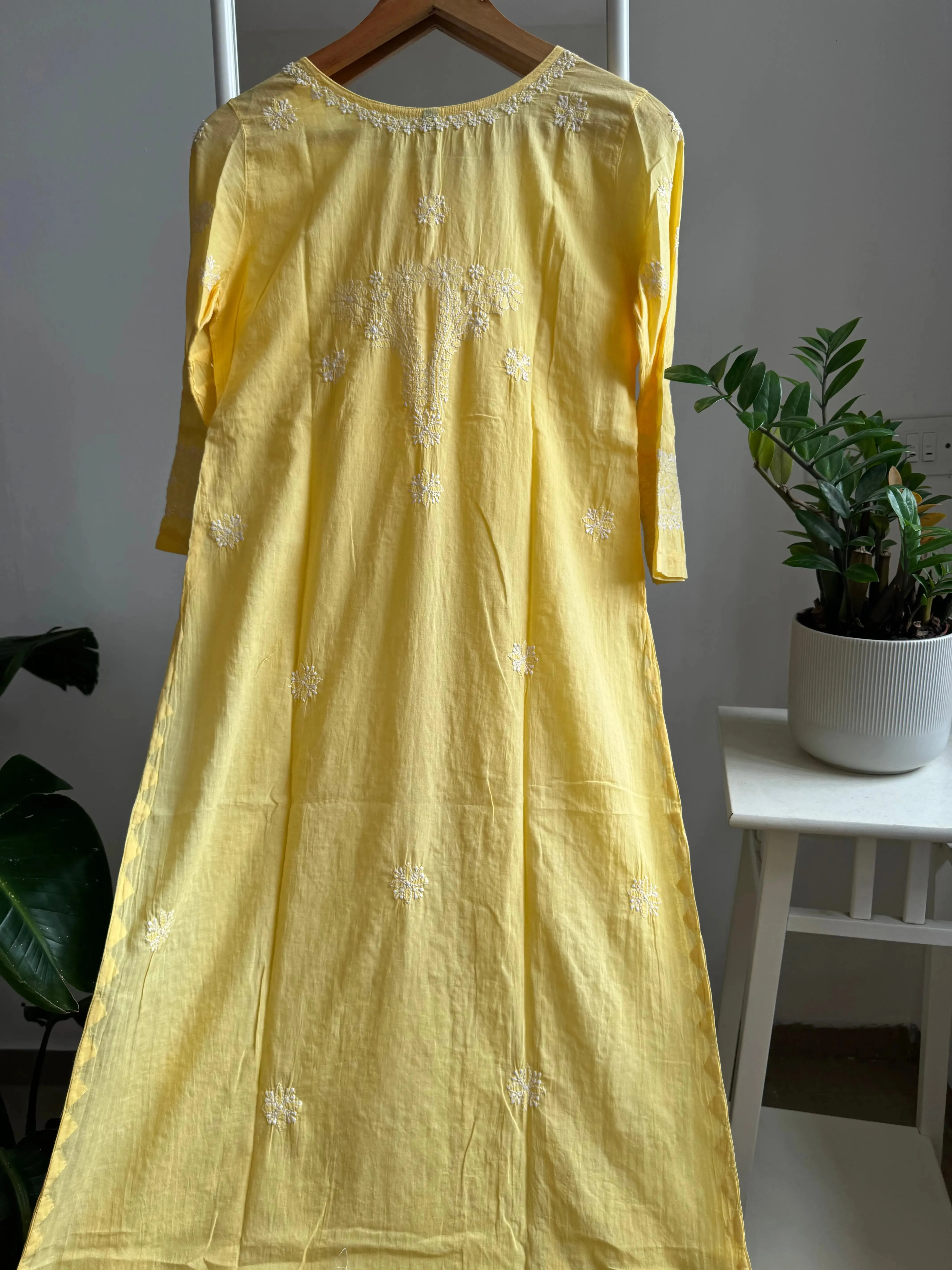 Mul Cotton Chikankari Kurti - Yellow