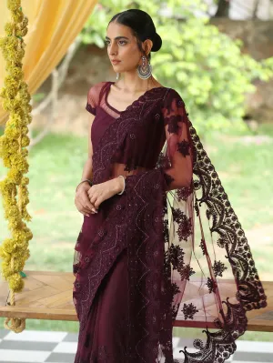 Mulberry Wine Net Saree with Embroidery & Scalloping