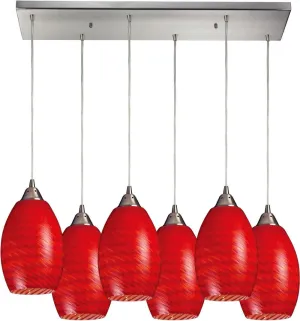 Mulinello 6 Light Pendant In Satin Nickel and Scarlet Red Glass