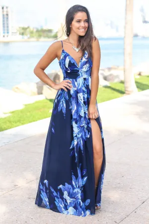 Multi Blue Maxi Dress with Side Slit