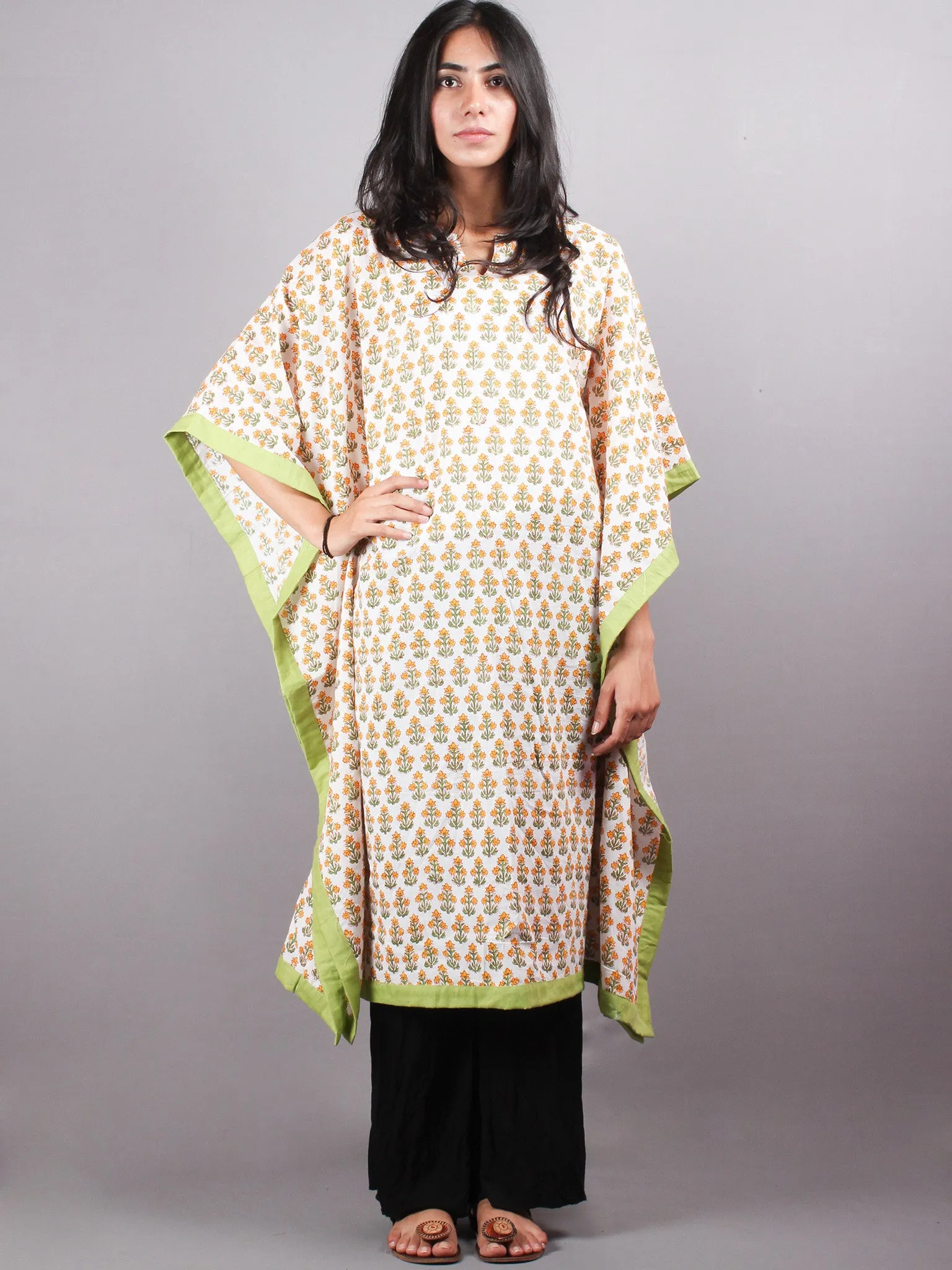 Multi Color Bagru Hand Block Printed in Naturak Colors Kaftan With Mint Green Border - K1134F15