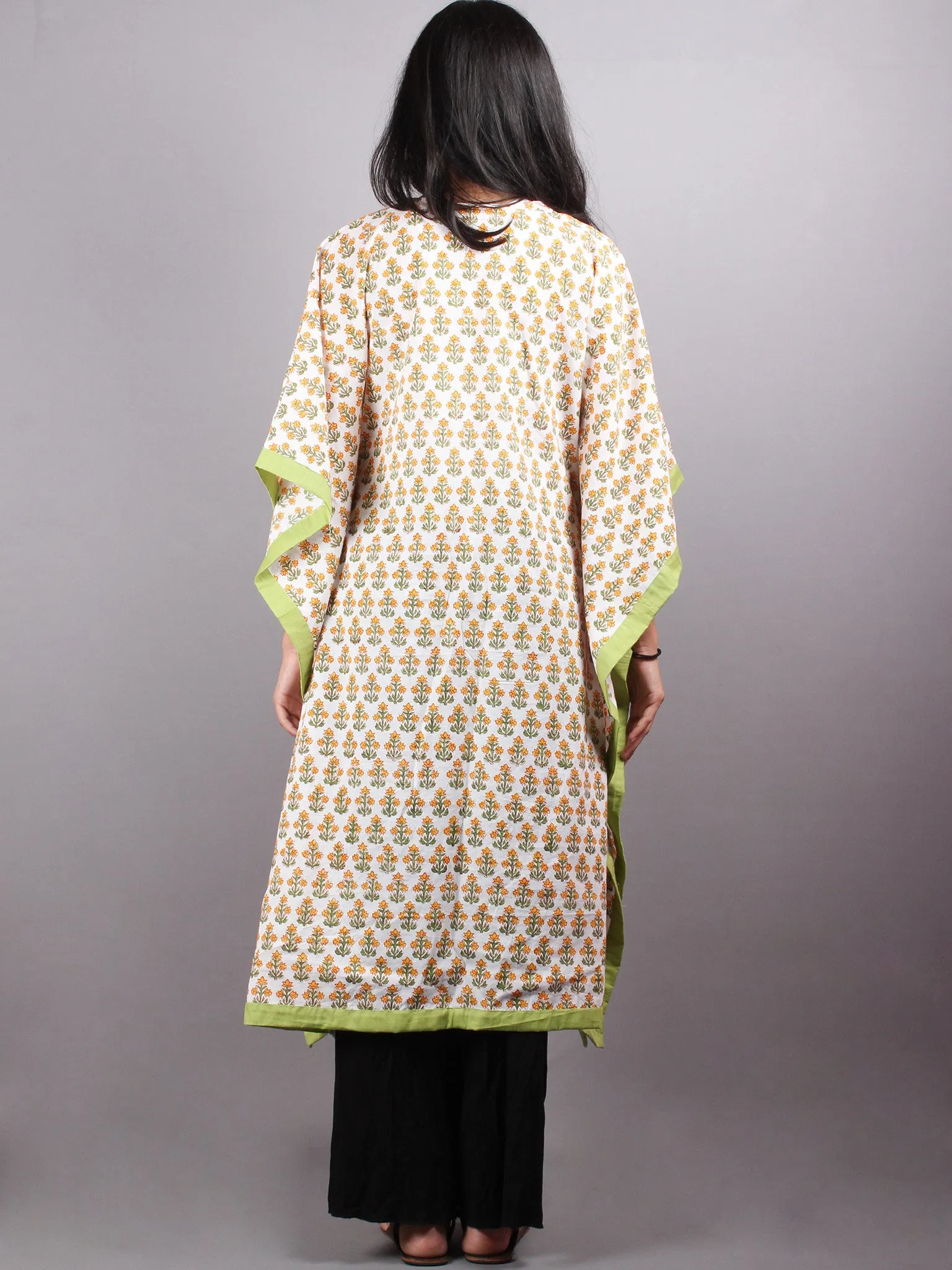 Multi Color Bagru Hand Block Printed in Naturak Colors Kaftan With Mint Green Border - K1134F15