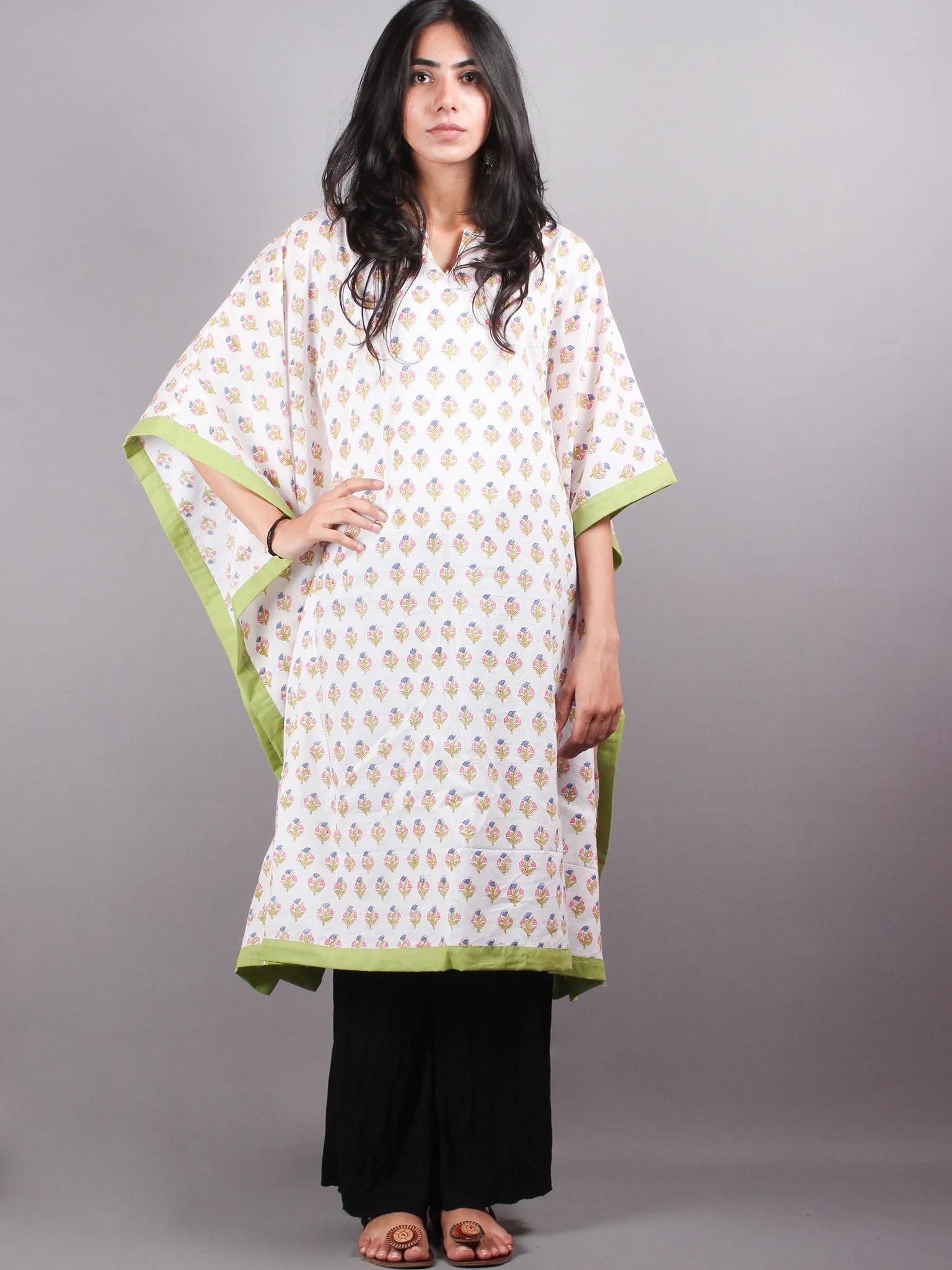 Multi Color Bagru Hand Block Printed Kaftan With Mint Green Border - K1150F16