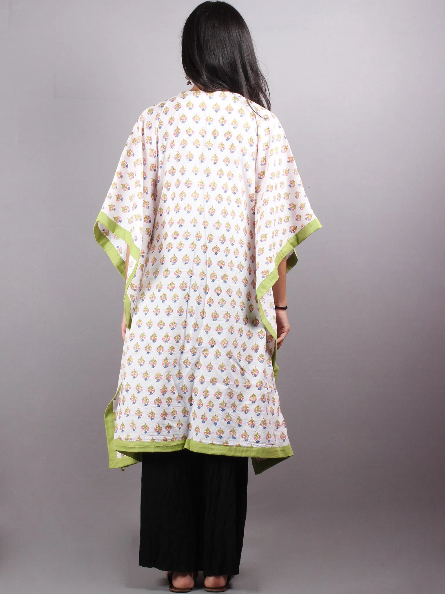 Multi Color Bagru Hand Block Printed Kaftan With Mint Green Border - K1150F16