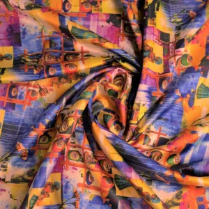 Multi Color Digital Print Golden Shimmer Satin Fabric