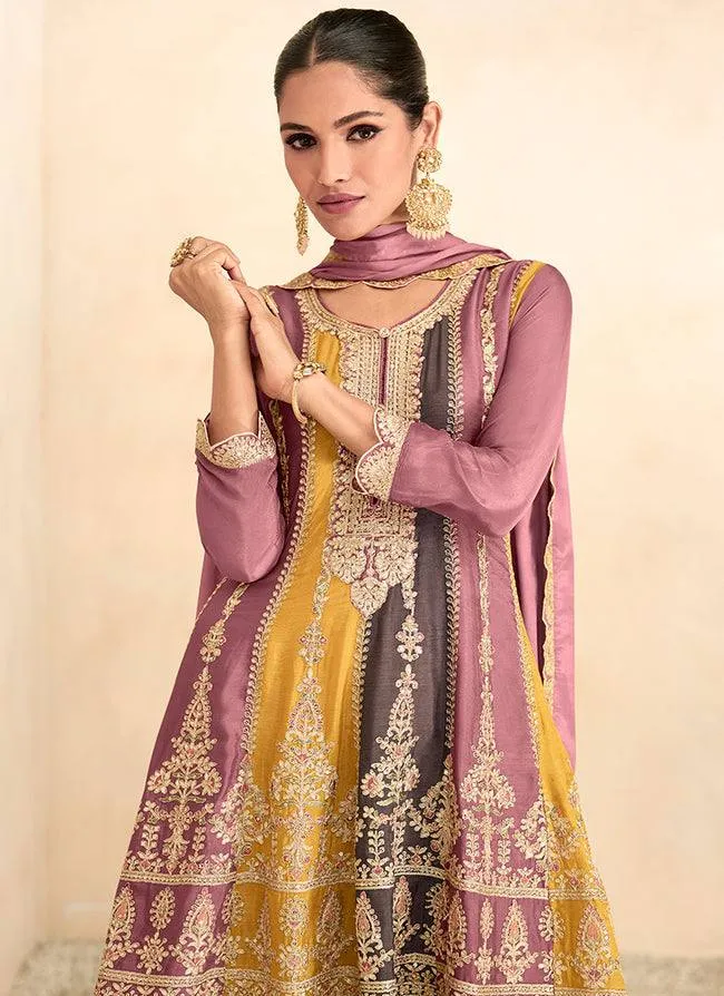 Multi-Color Embroidered Chinon Festive Wear Palazzo Suits