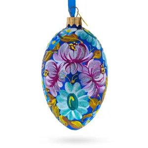 Multi Color Flowers Glass Egg Ornament 4 Inches