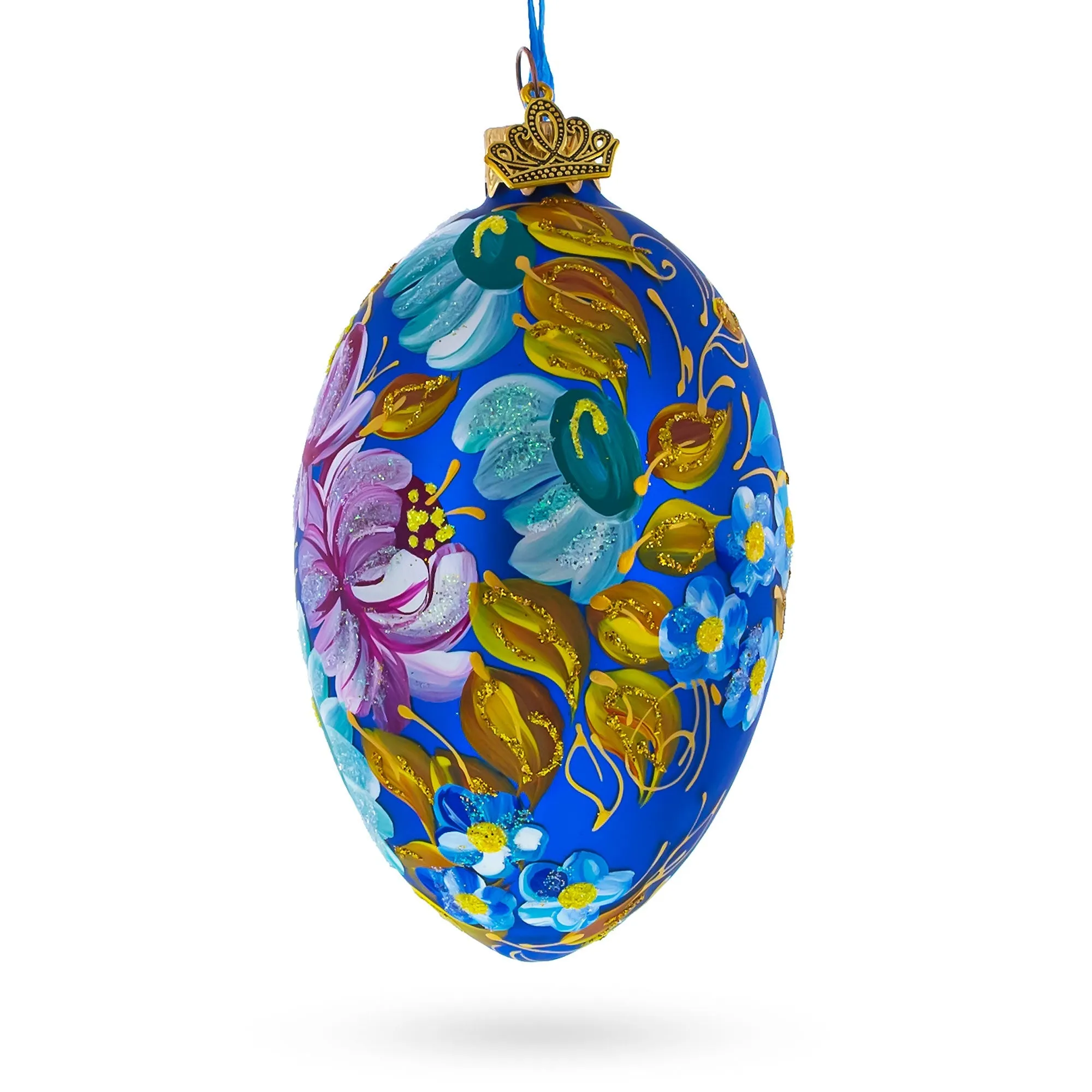 Multi Color Flowers Glass Egg Ornament 4 Inches