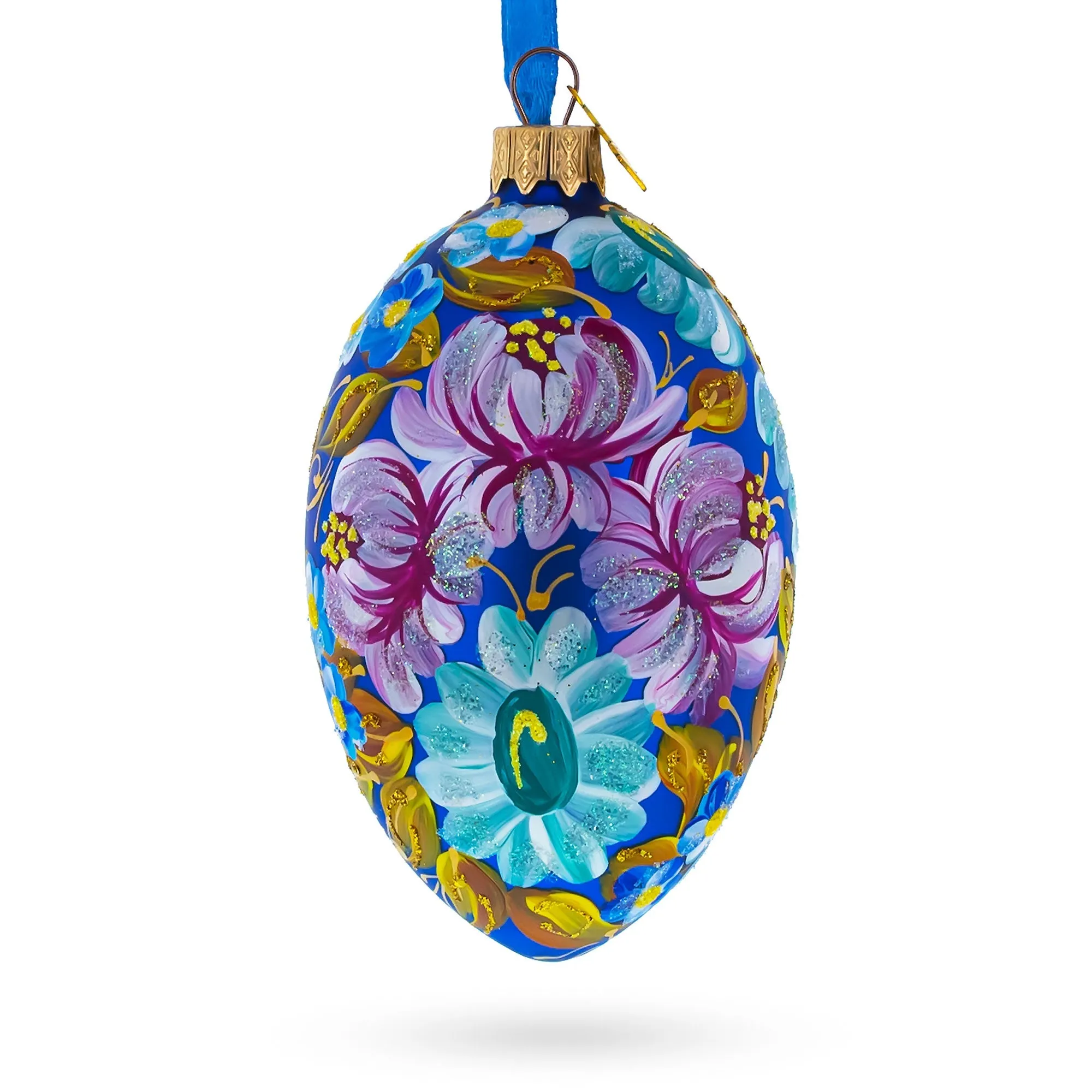 Multi Color Flowers Glass Egg Ornament 4 Inches