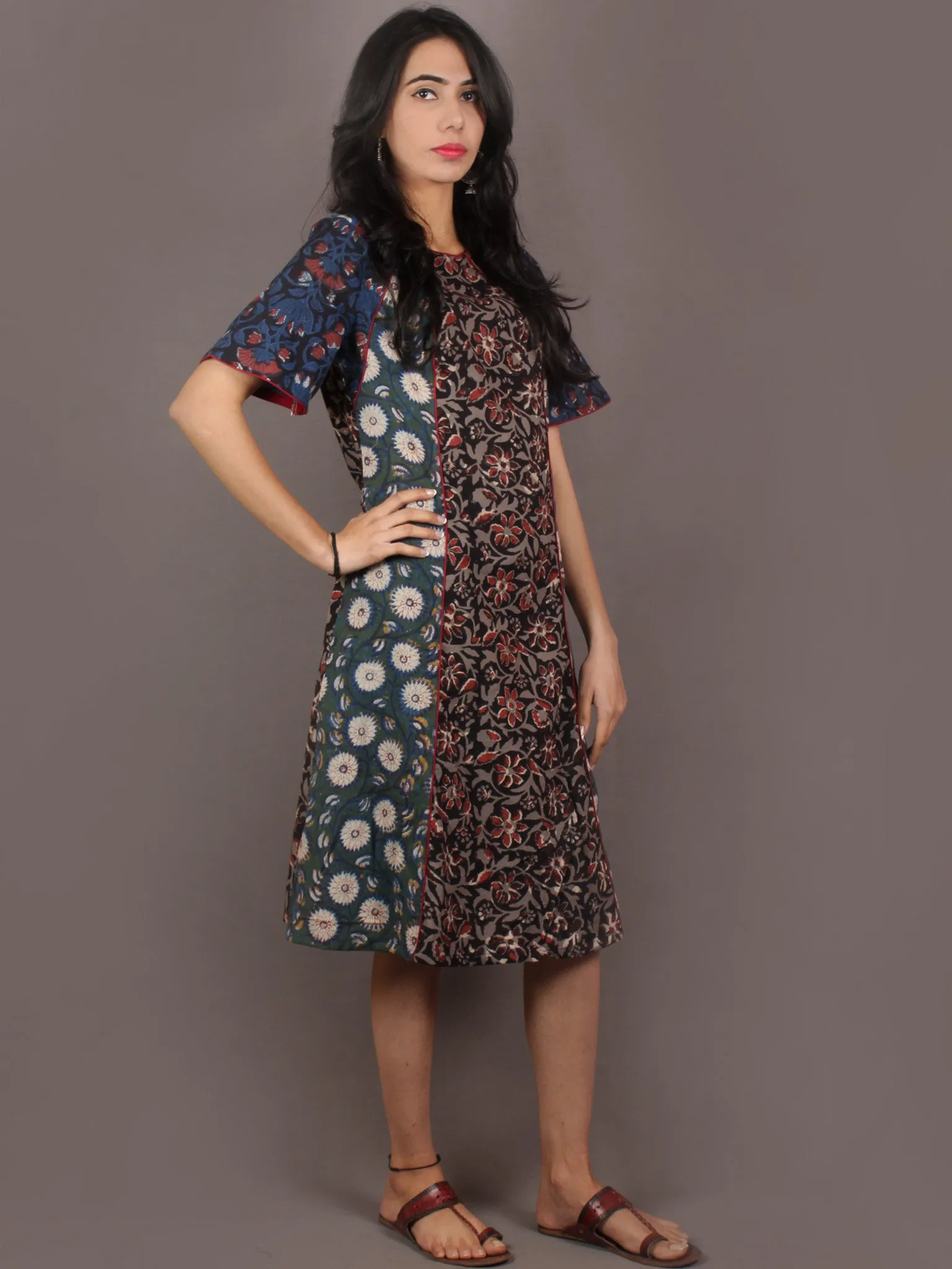 Multi Color Hand Block Printed Panel Cotton Dress  - D1044301