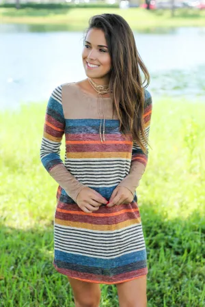 Multi Colored Striped Short Dress with Suede Detail