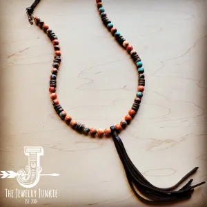 Multi-Colored Turquoise Necklace with Wood Beads and Leather Tassel 236B