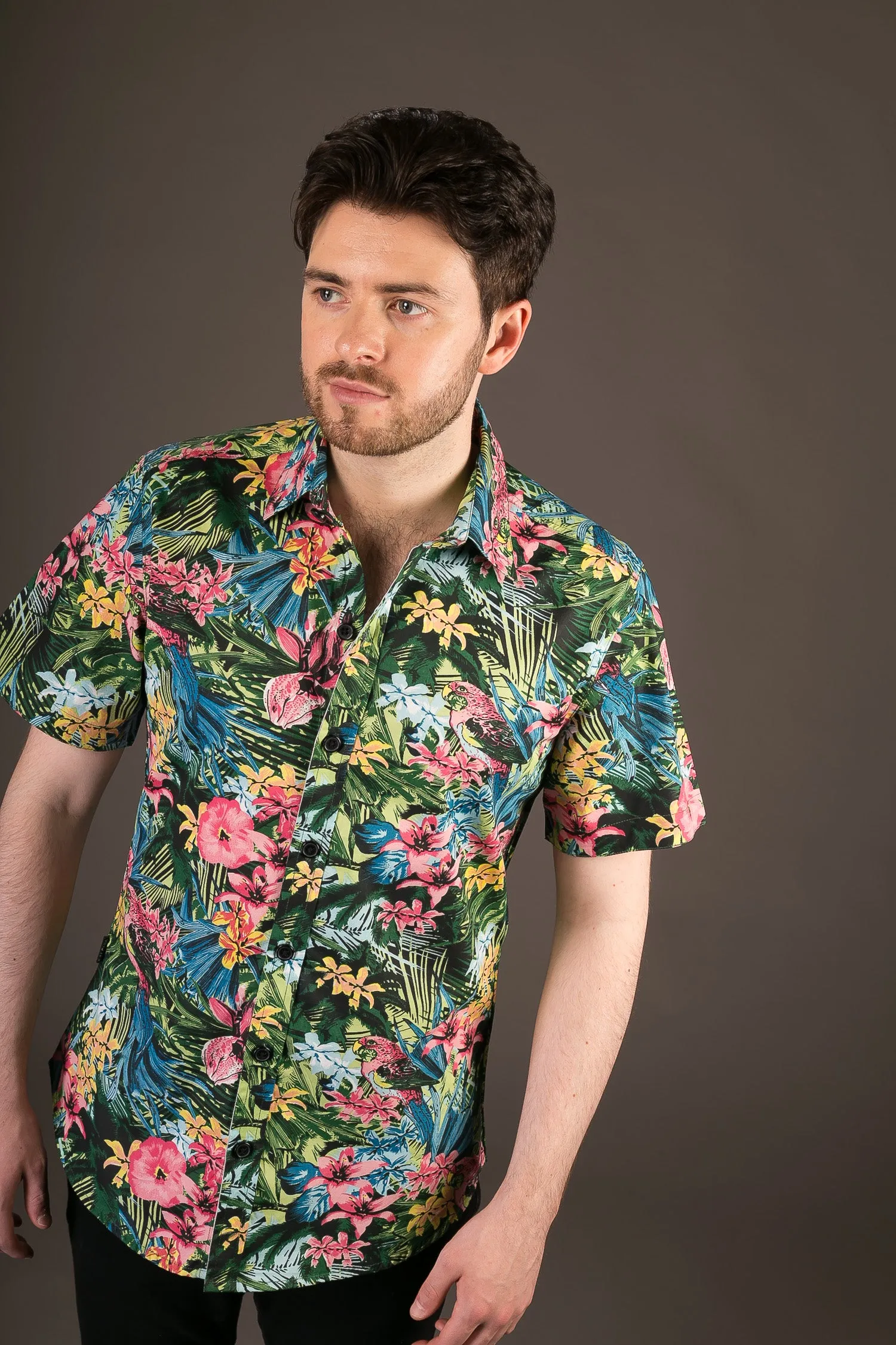 Multi Colour Jungle Print Cotton Slim Fit Mens Shirt Short Sleeve