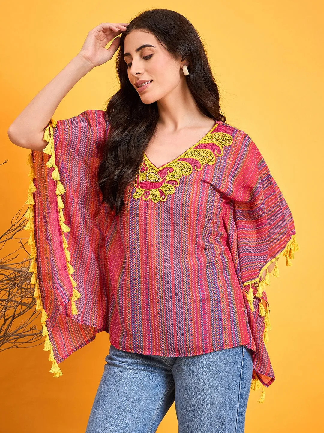 Multi Coloured Embroidered Tribal Kaftan Top