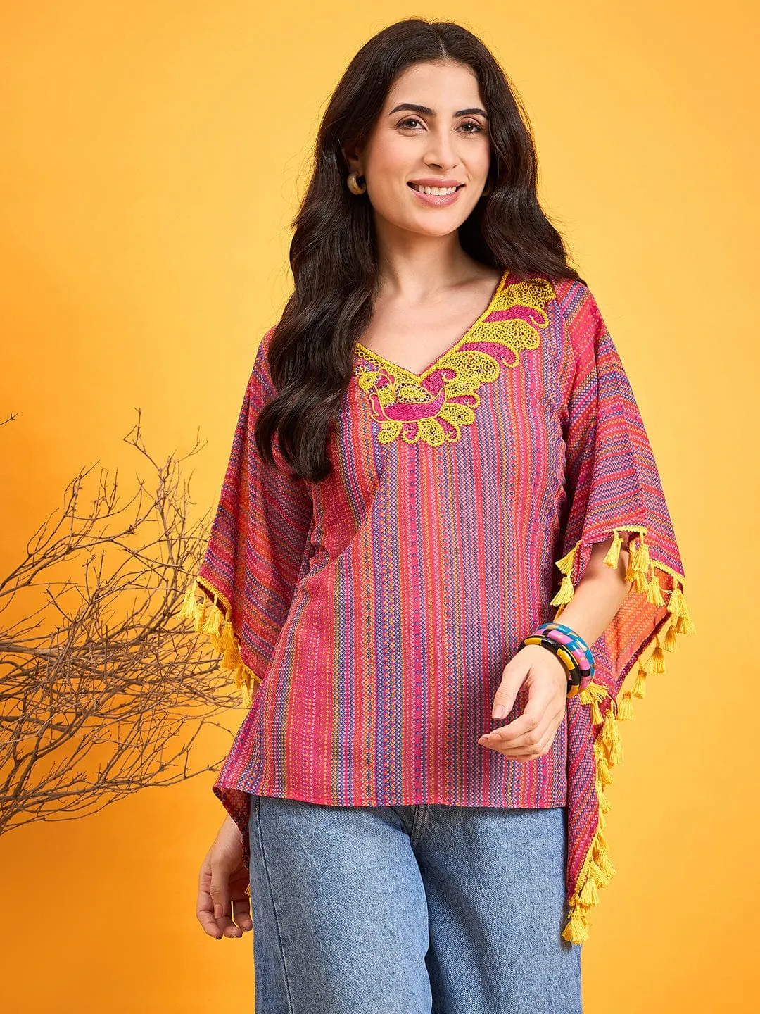 Multi Coloured Embroidered Tribal Kaftan Top