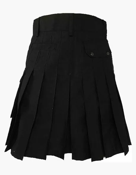 Multi-pocket utility kilt in black color