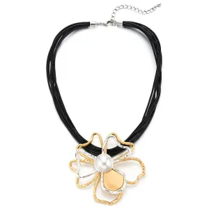 Multi-strand Black Leather Rope Statement Necklace Pearl Silver Gold Wire Flower Camellia Charm