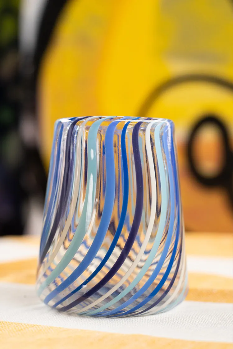 Multi-Striped Handblown Glass Tumbler in Blue Stripes