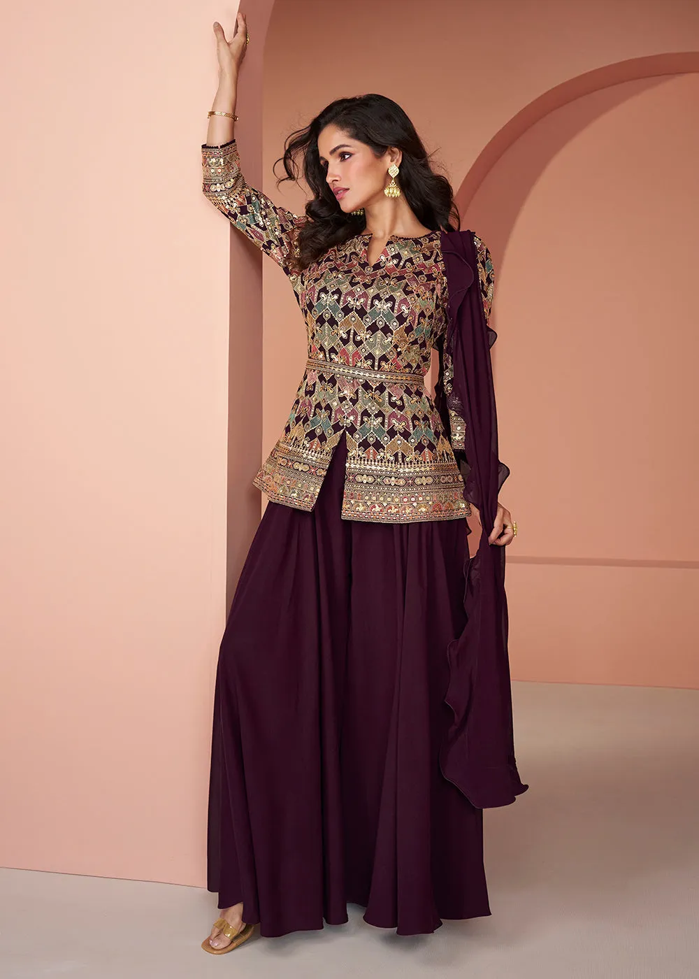 Multi Wine Embroidered Georgette Indo Wester Palazzo Suit