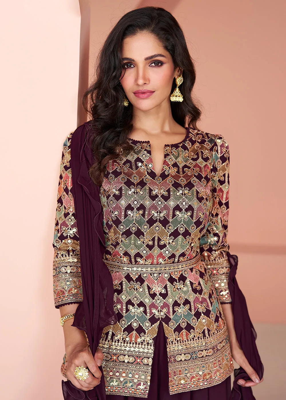 Multi Wine Embroidered Georgette Indo Wester Palazzo Suit