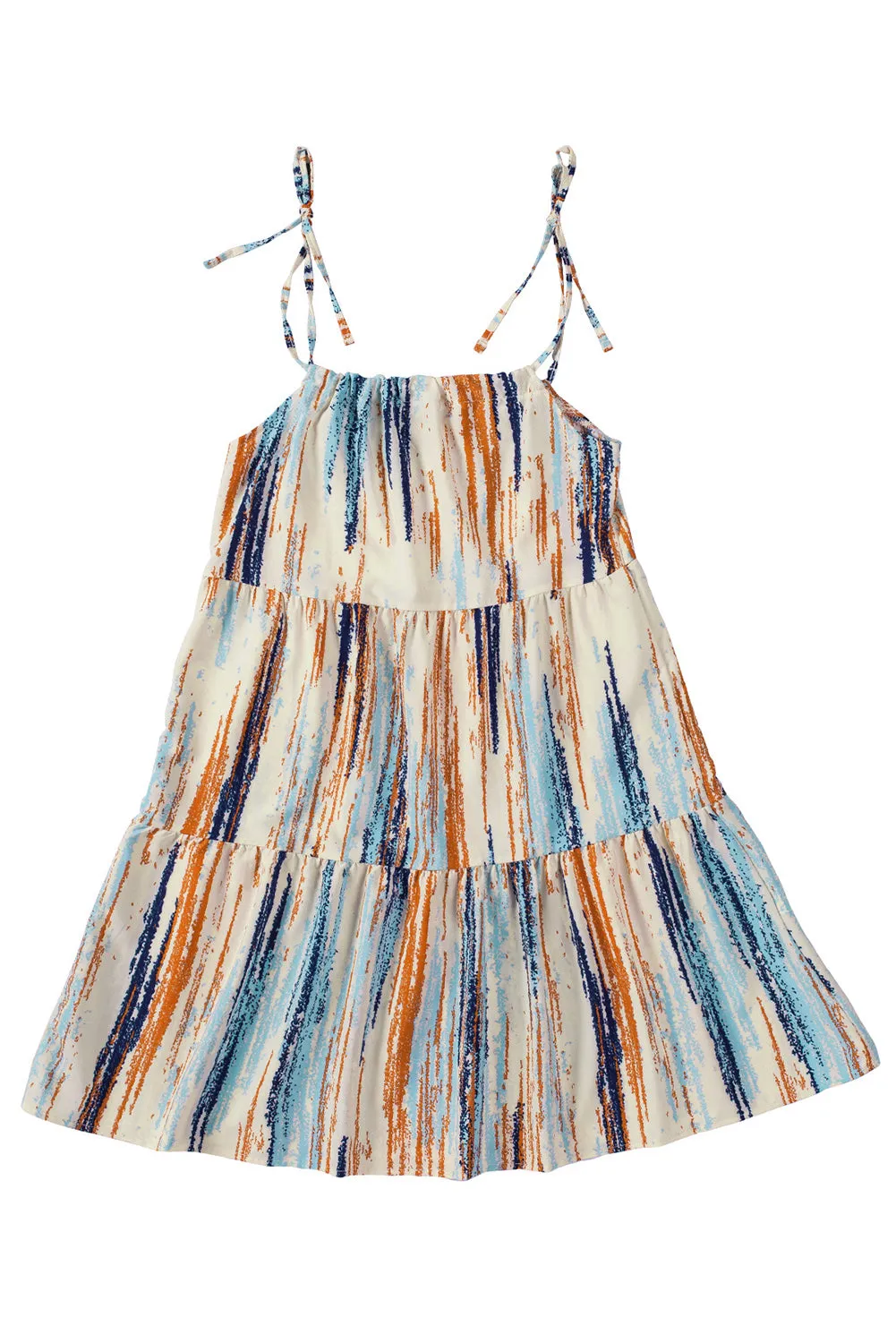 Multicolor Abstract Print Tie Shoulder Spaghetti Strap Tiered Dress