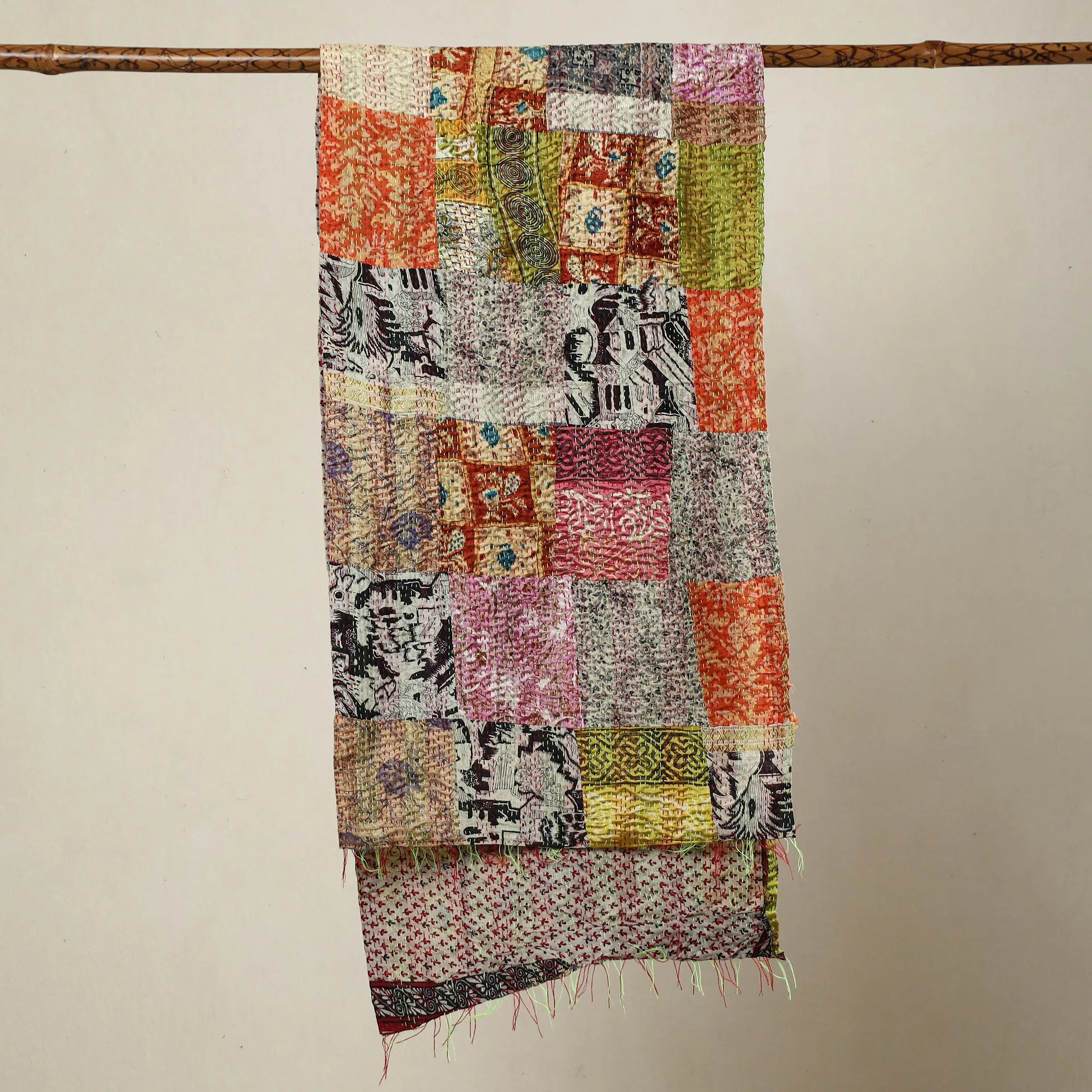 Multicolor - Bengal Kantha Embroidery Patchwork Reversible Silk Stole 64