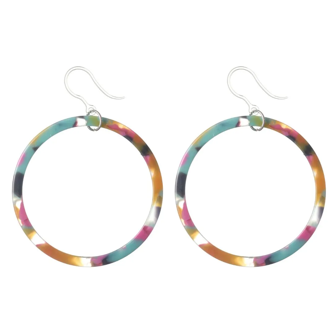 Multicolor Celluloid Hoop Dangles Hypoallergenic Earrings for Sensitive Ears Made with Plastic Posts