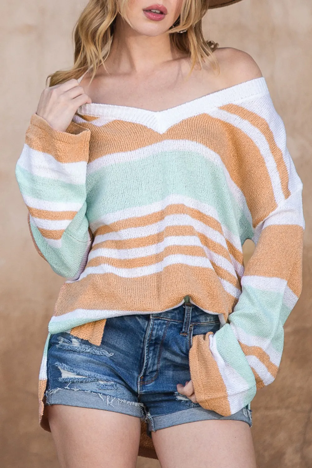 Multicolor Colorblock Stripe V Neck Split Sweater