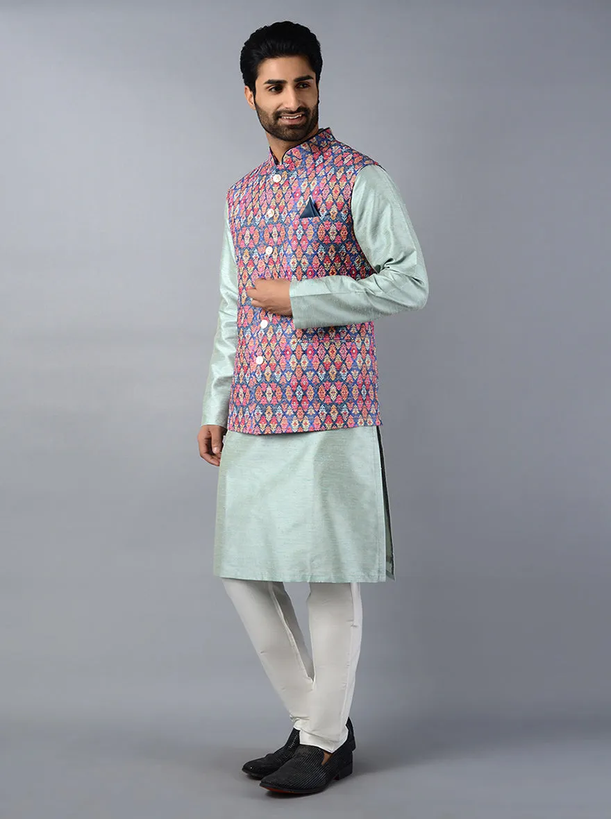 Multicolor Embroidered With Printed Regular Fit Bandhgala Jacket | Azania