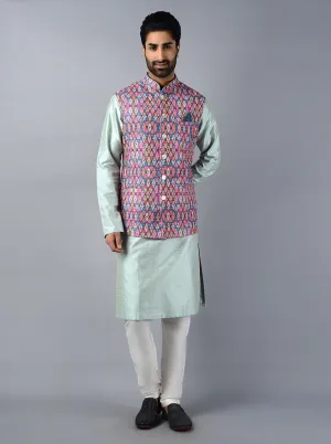 Multicolor Embroidered With Printed Regular Fit Bandhgala Jacket | Azania