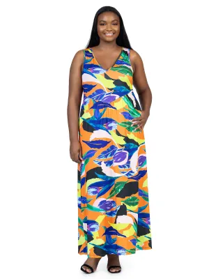 Multicolor Floral Sleeveless V Neck Plus Size Maxi Dress With Pockets