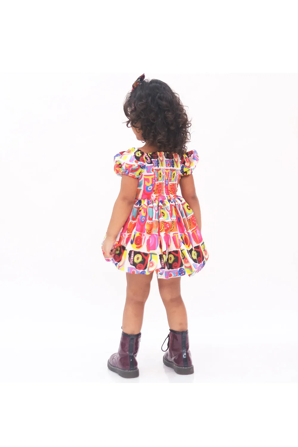 Multicolor joy printed knee length dress with hairband