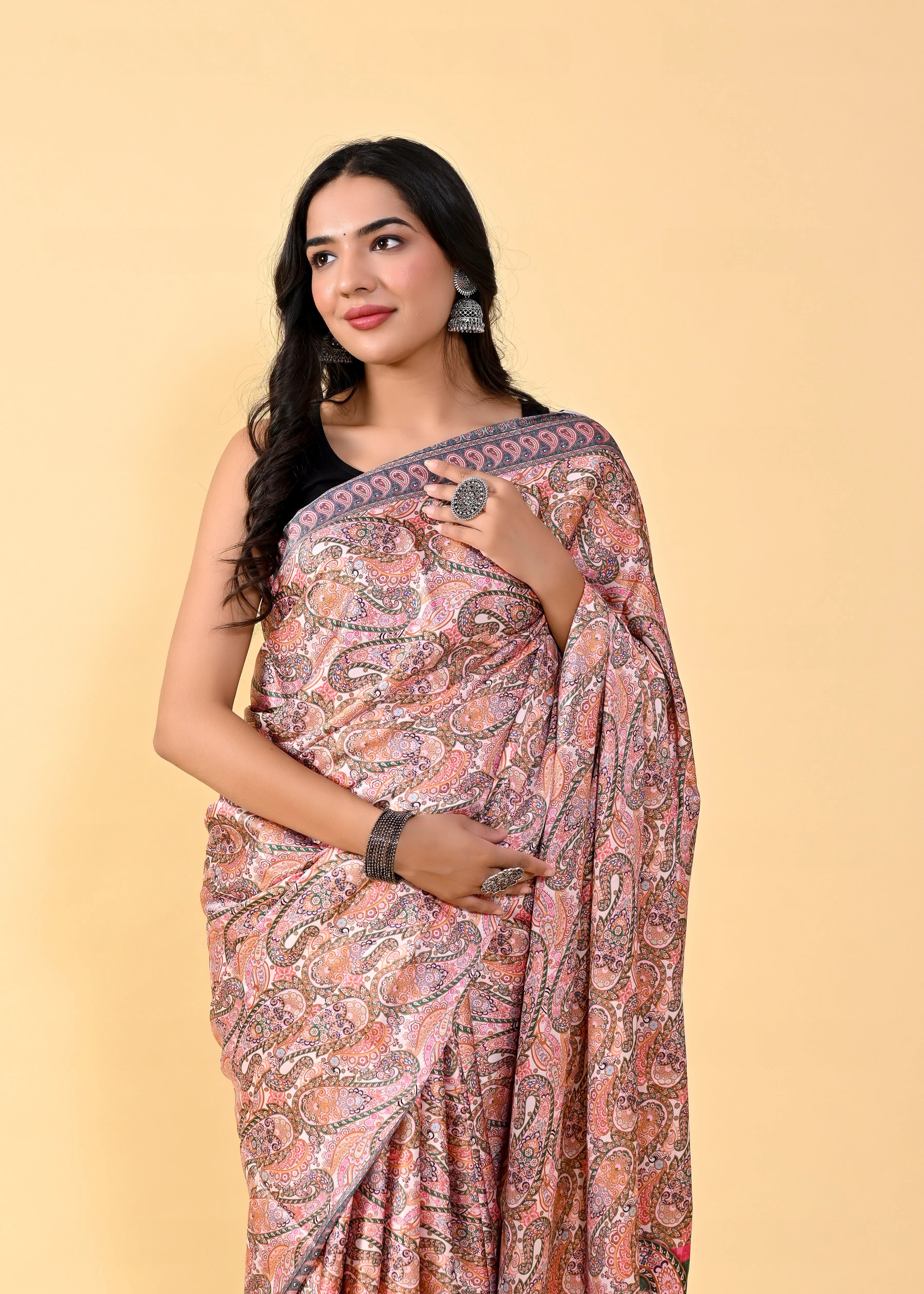 Multicolor Kalamkari Digital Printed Heavy Satin Silk Saree with Silk Blouse